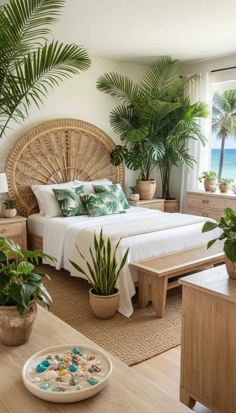 Camera da letto con testiera in rattan a forma di pavone, circondata da grandi piante tropicali.