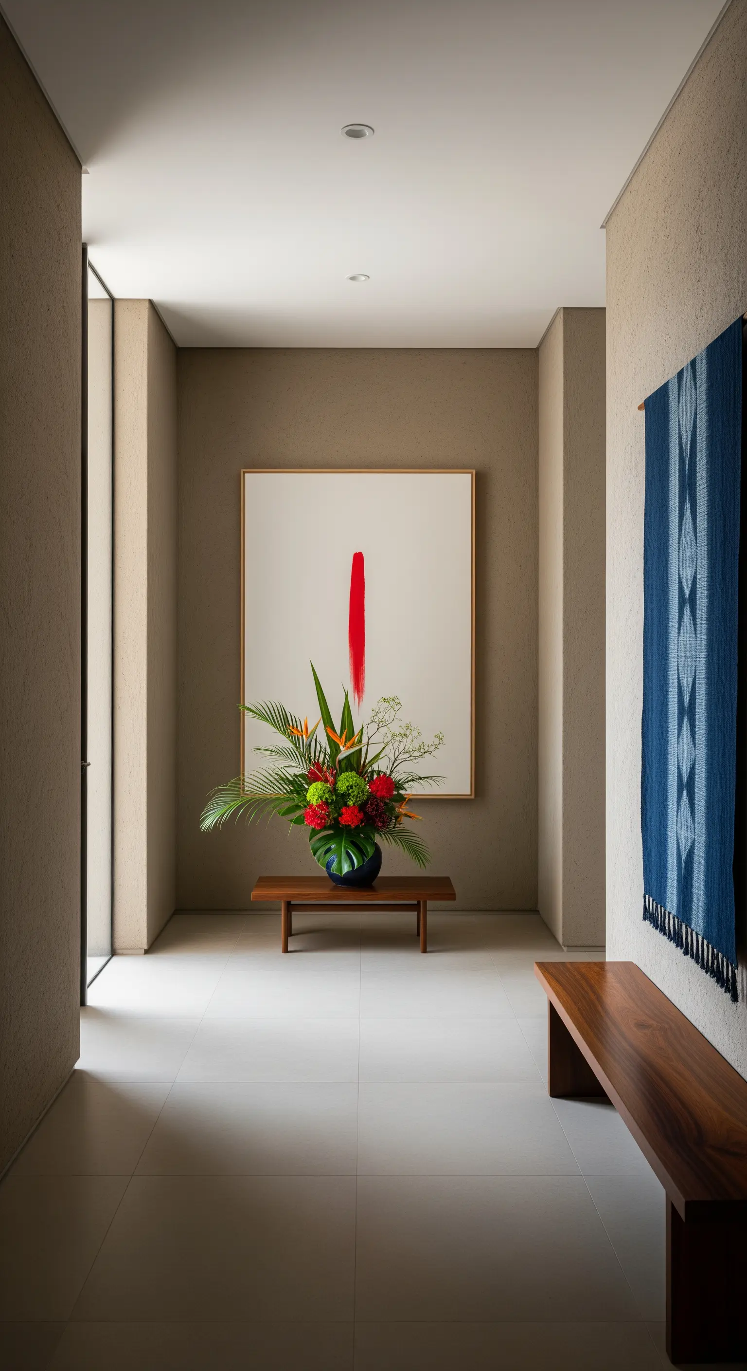Ingresso minimalista con un'opera d'arte astratta rossa, panca in legno e composizione floreale.