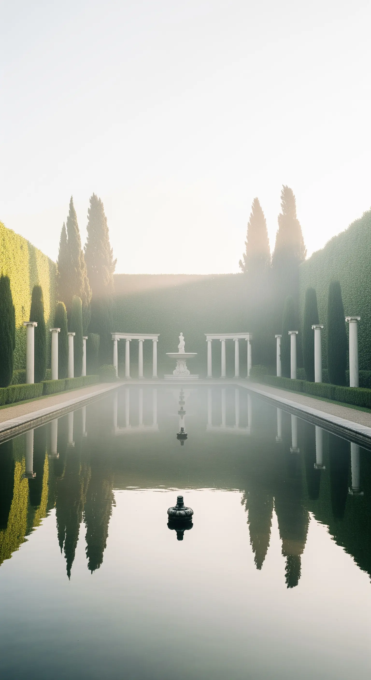 Piscina riflettente circondata da colonne bianche e cipressi in una luce nebbiosa.