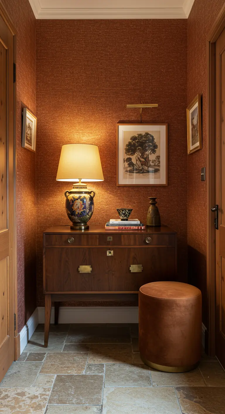 Ingresso con carta da parati materica marrone, credenza scura e pouf in pelle.