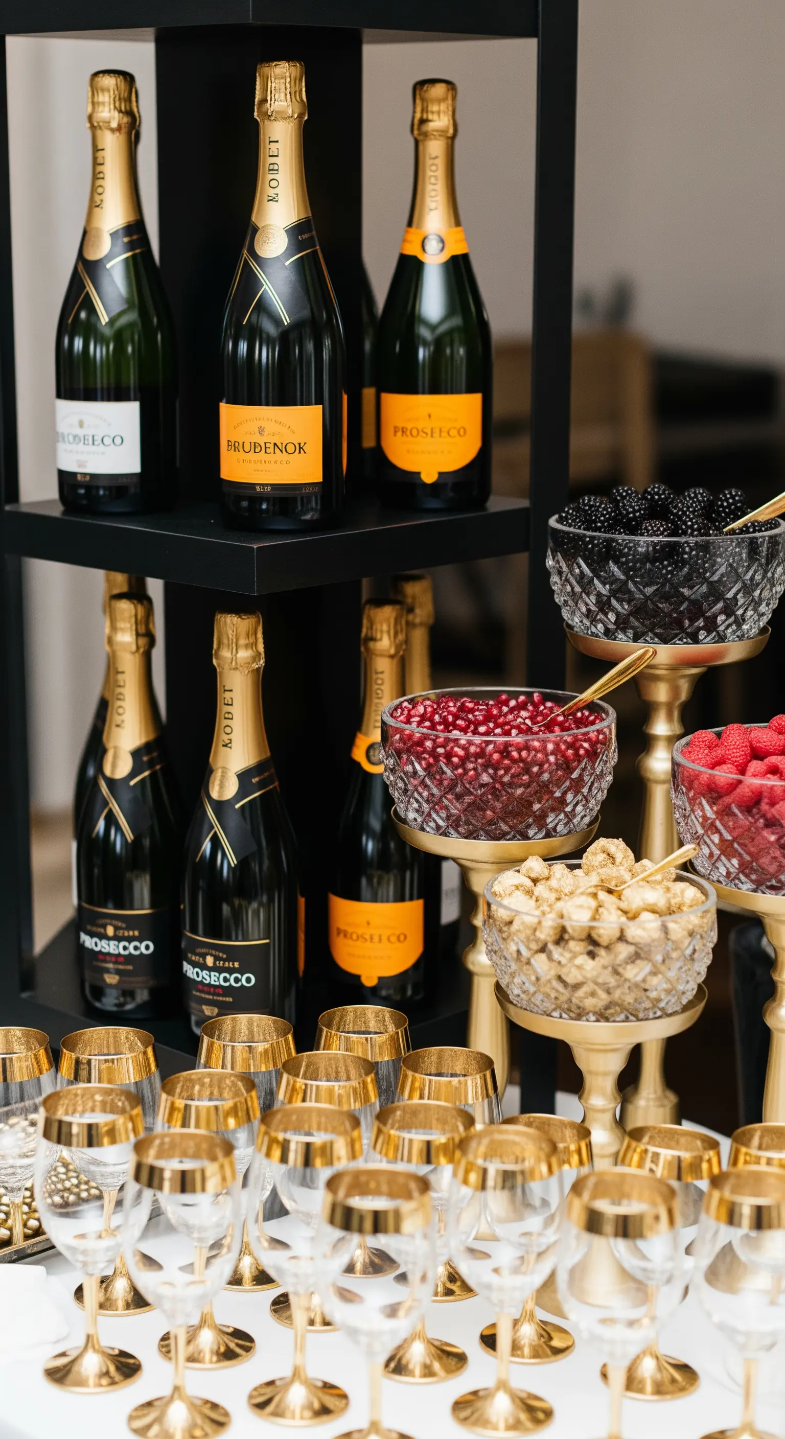 Prosecco bar con bottiglie, bicchieri con bordo oro e ciotole di frutta fresca per guarnire.