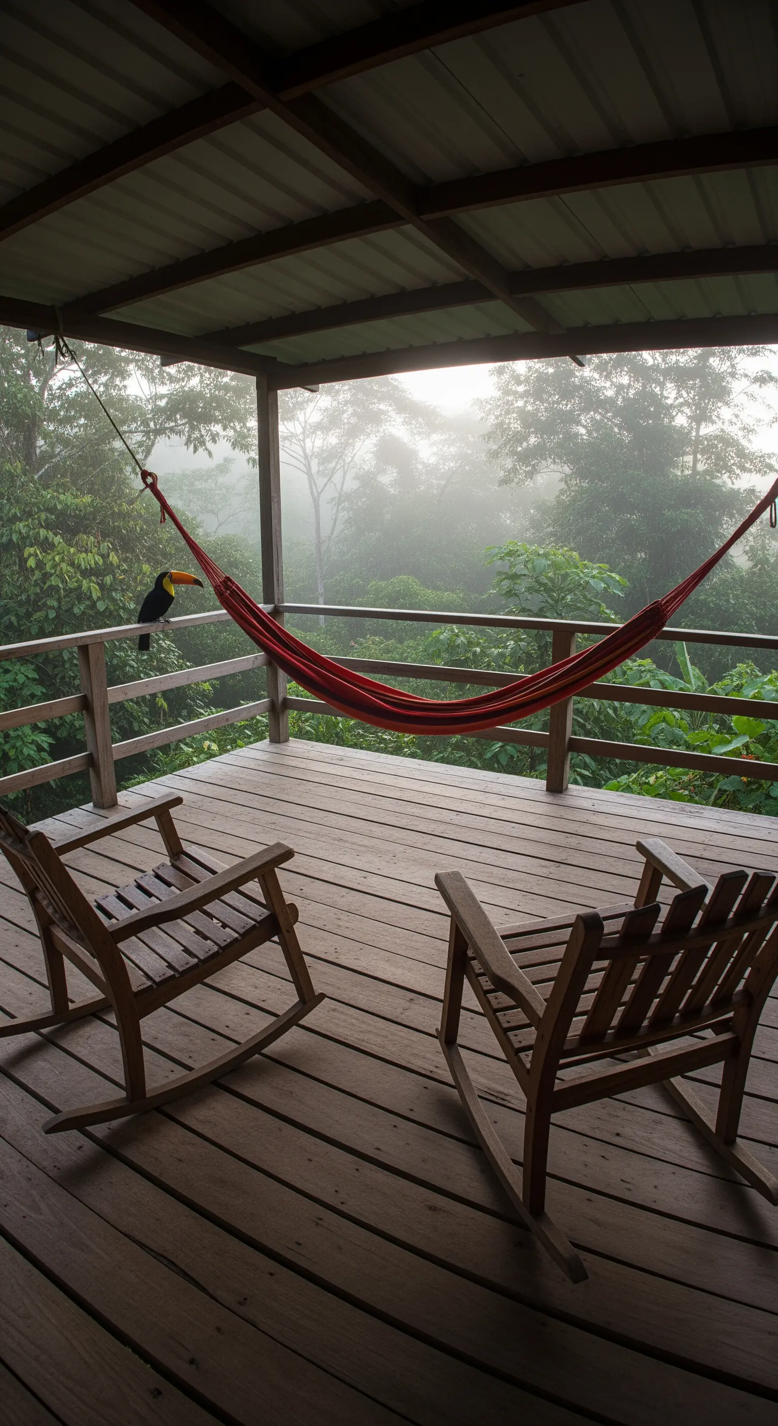 Balcone in legno nella foresta pluviale con amaca rossa e un tucano appoggiato sulla ringhiera.