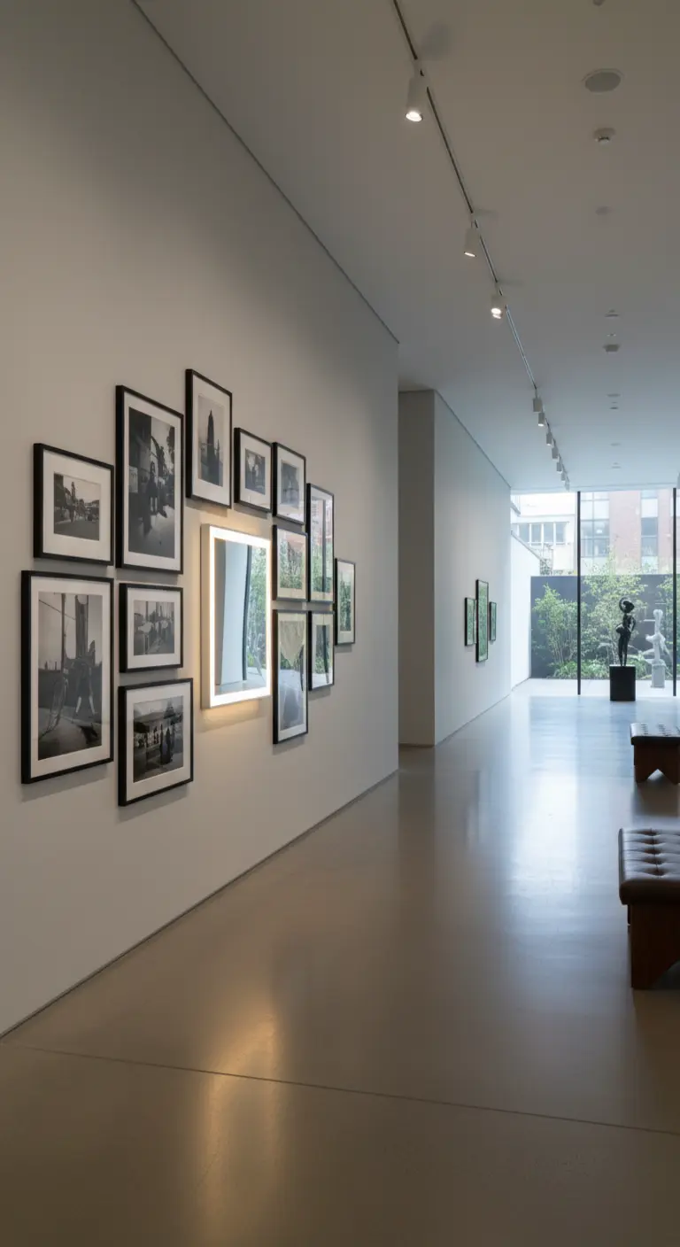 Piccolo specchio retroilluminato al centro di una parete galleria con fotografie in bianco e nero.