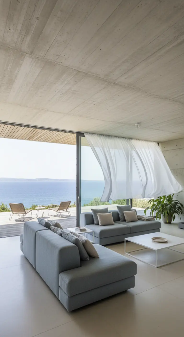 Salotto con vista mare, divani azzurri e tende bianche mosse dal vento.
