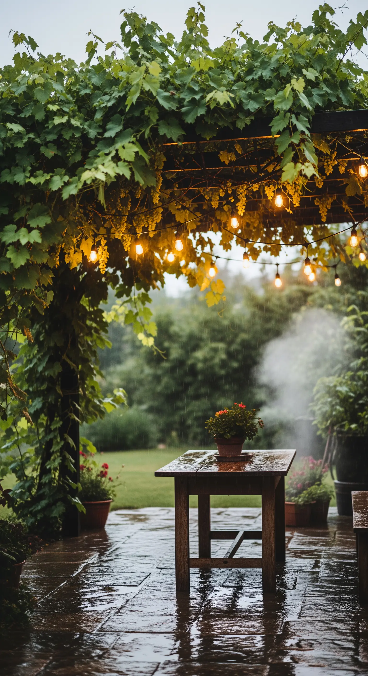 Pergola con luci calde accese durante una giornata di pioggia estiva.
