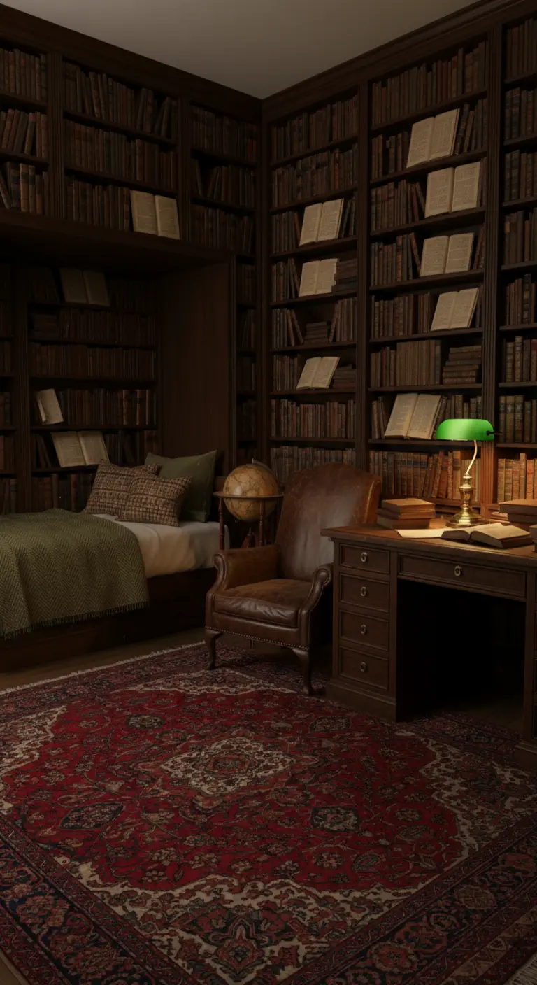 Angolo lettura in una camera-biblioteca, con letto, poltrona in pelle e tappeto persiano rosso.