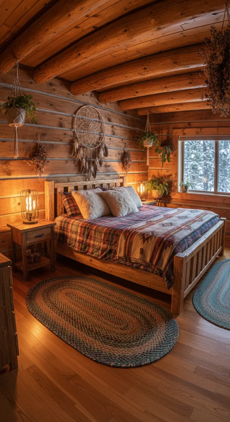 Camera da letto in una baita di tronchi con coperte plaid e luci calde.