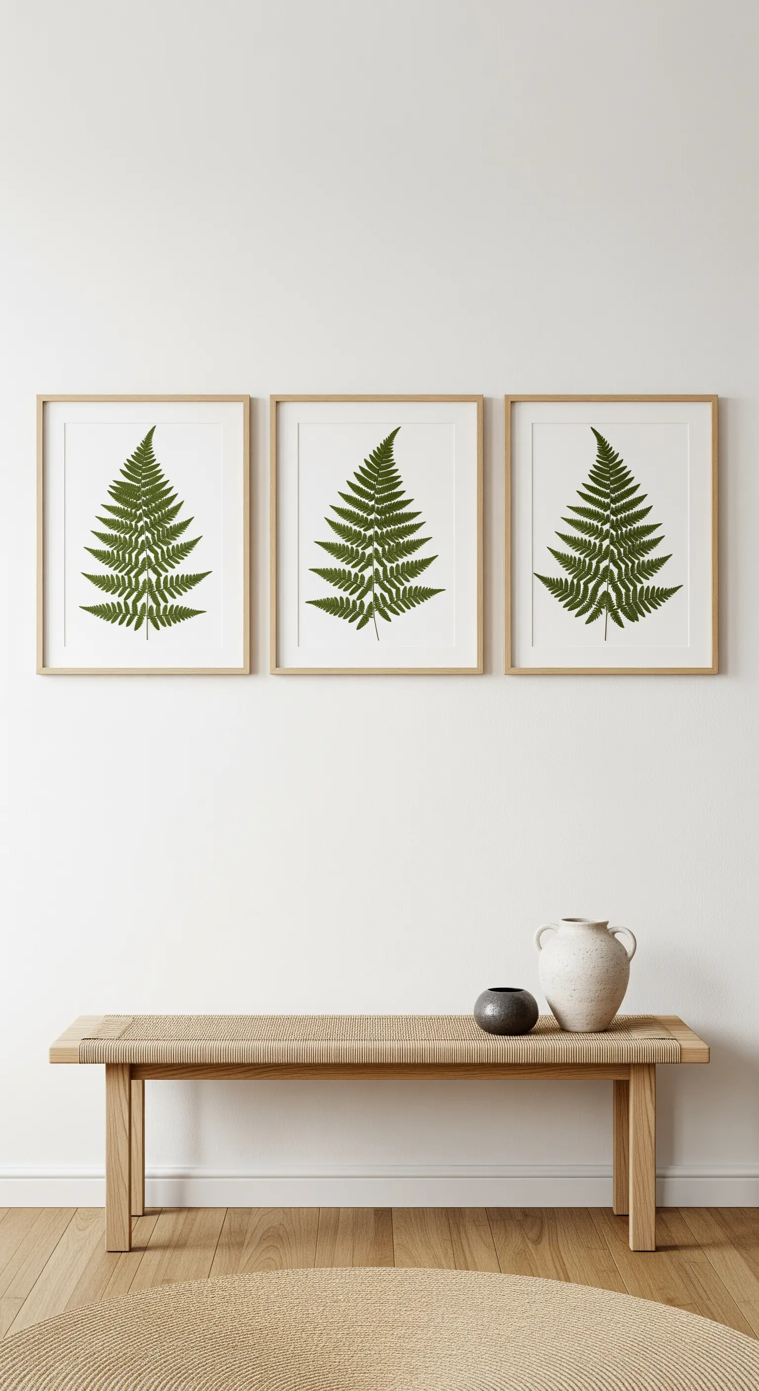 Trittico di quadri con foglie di felce pressate, appesi sopra una panca in legno chiaro.