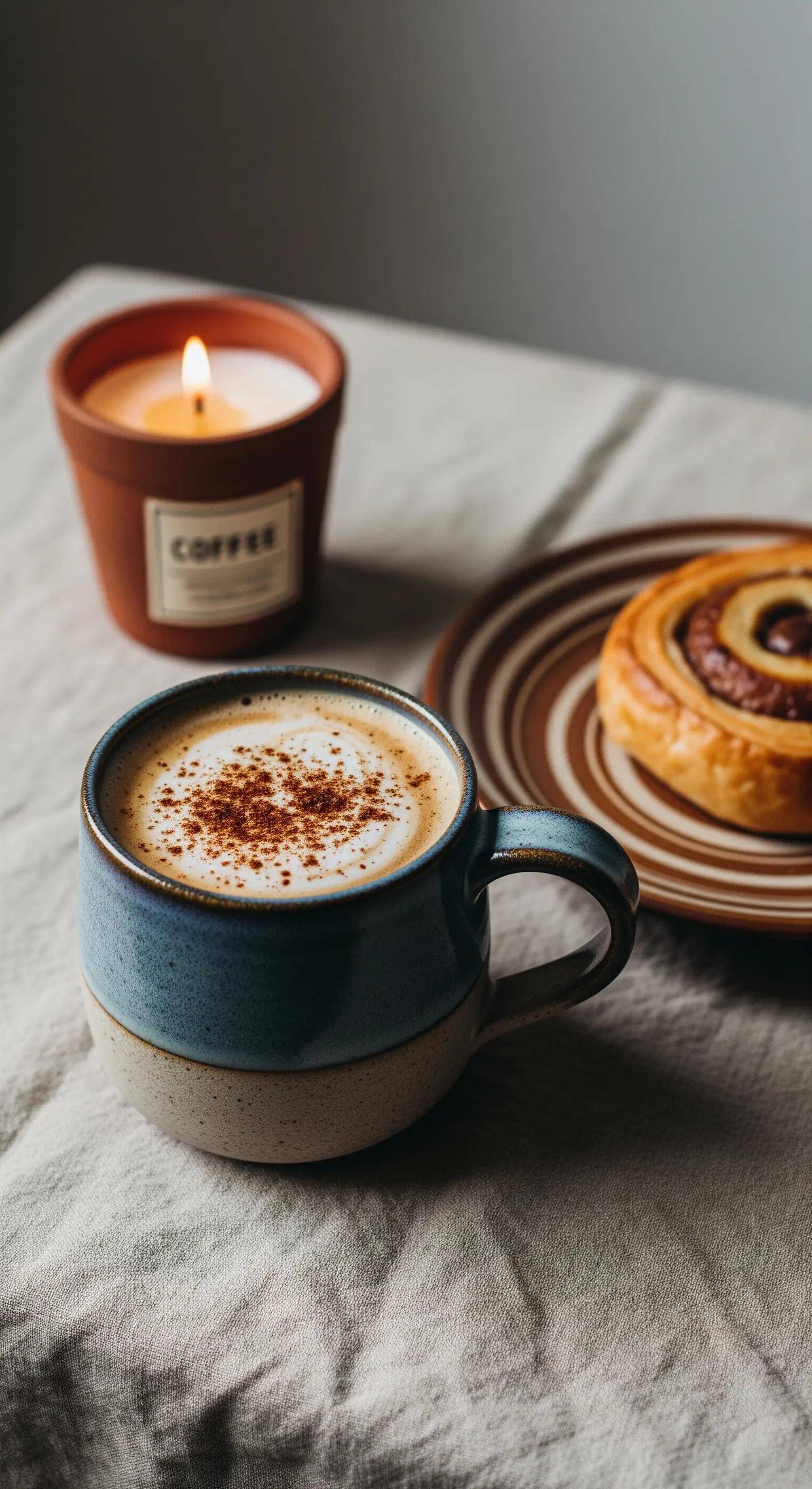 Tazza di cappuccino con cannella, una candela accesa e una brioche su un tavolo di lino.