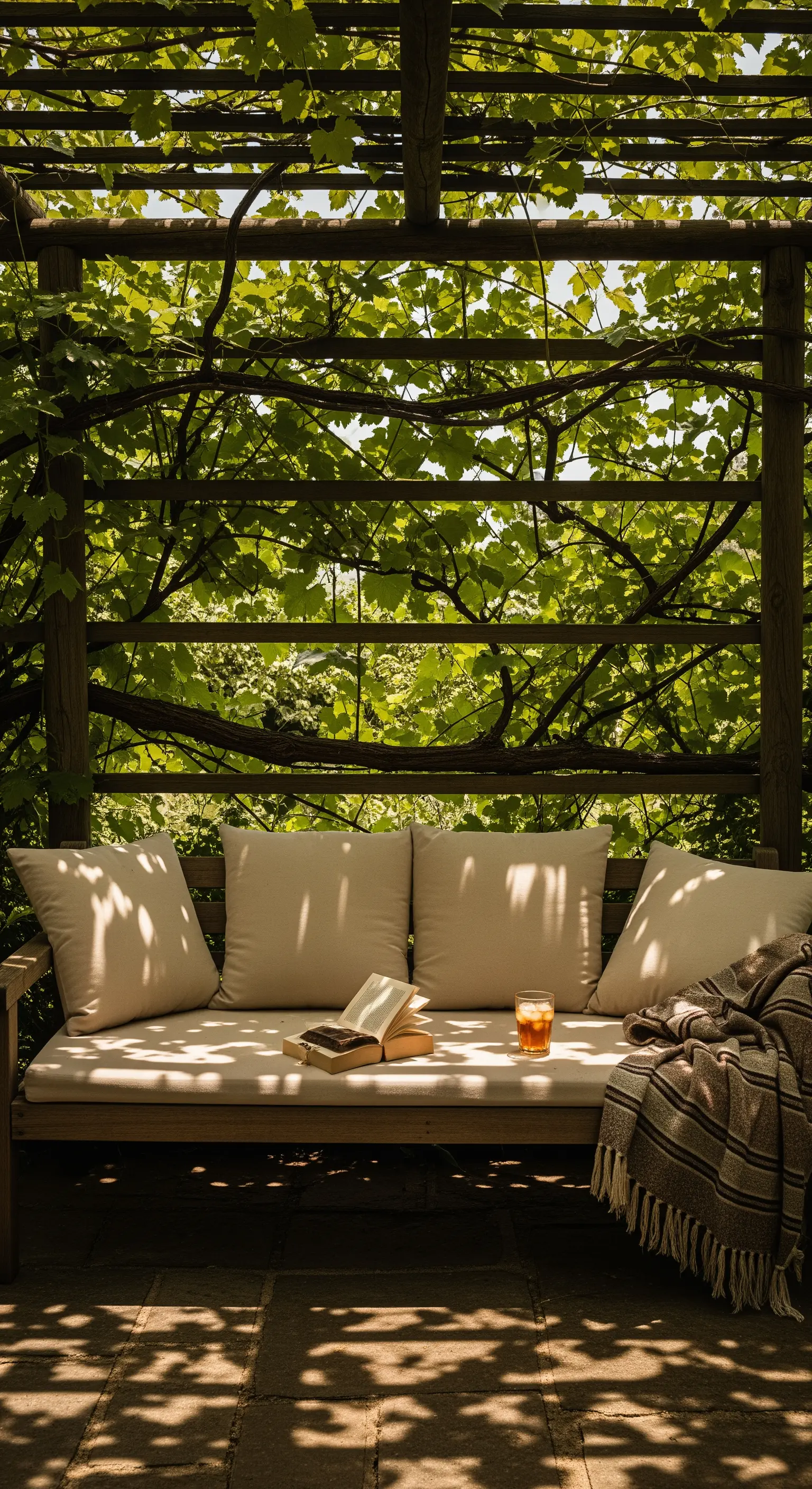 Panca in legno con cuscini e plaid sotto una pergola di legno coperta di foglie di vite.