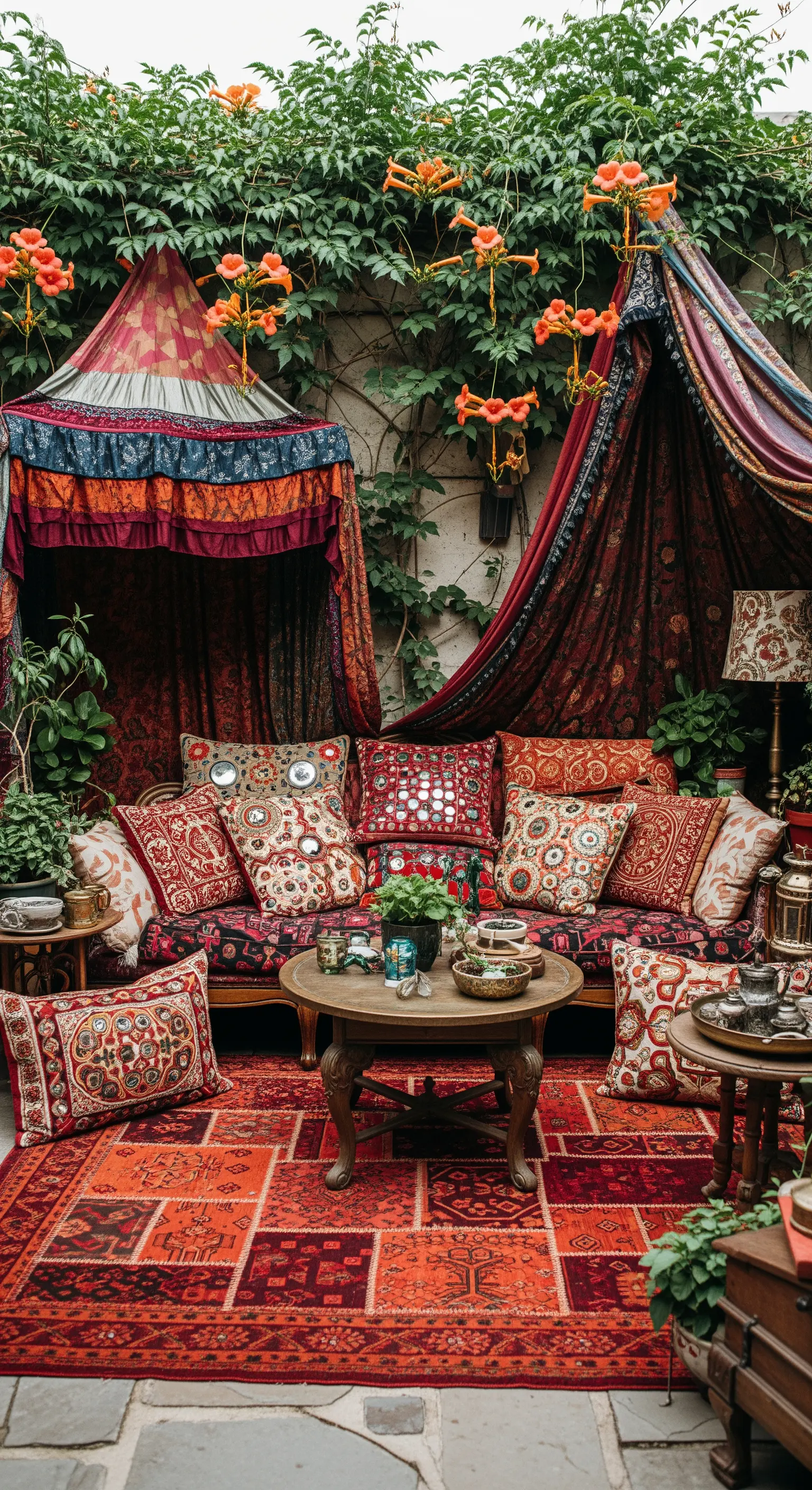 Patio in stile marocchino con tenda, divano carico di cuscini ricamati e tappeto rosso.