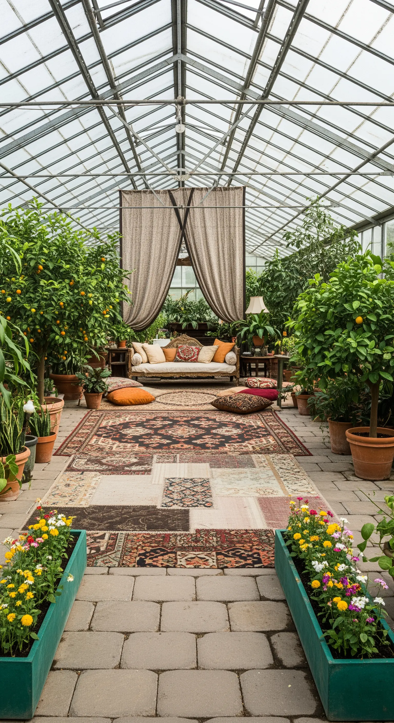 Salotto elegante allestito all'interno di una serra, con divano, tappeti e piante di agrumi.