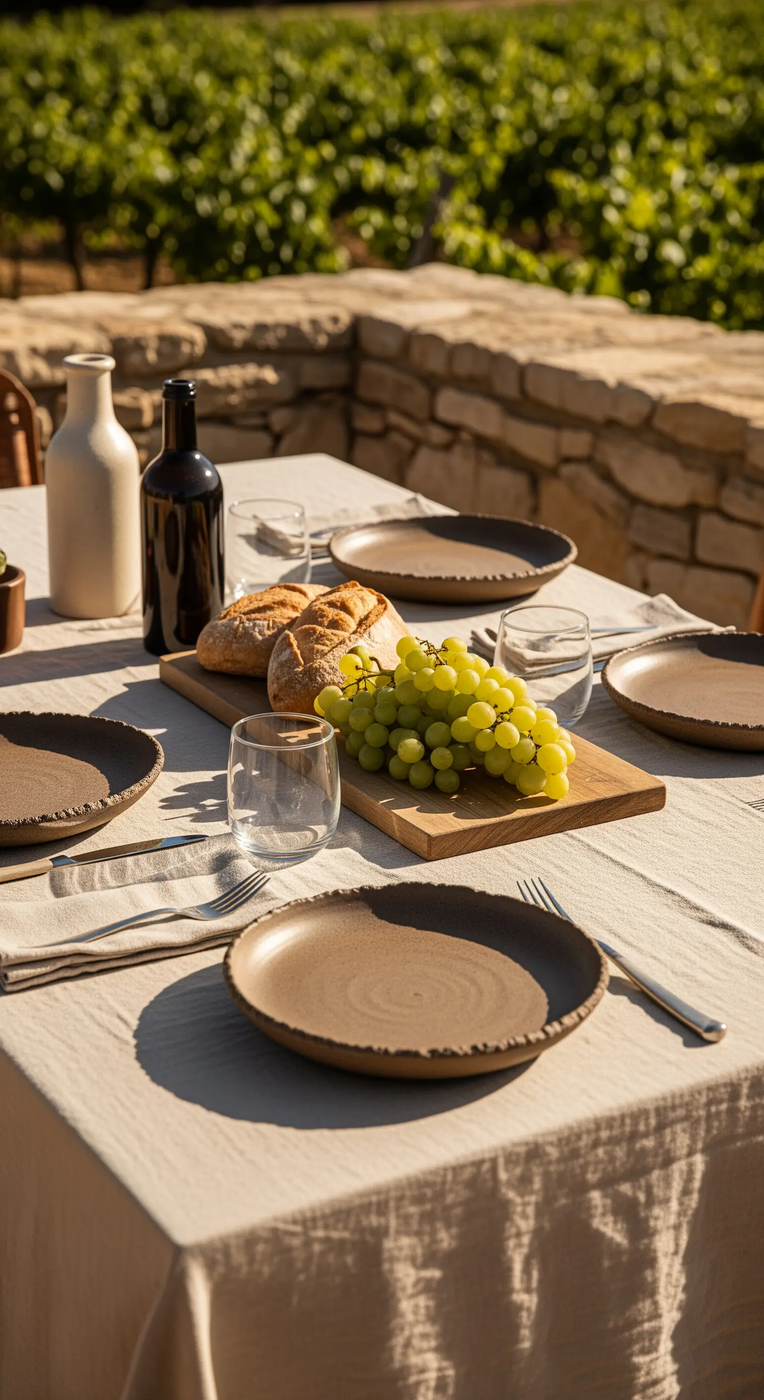 Tavola rustica con tagliere di legno, pane, uva e piatti in ceramica grezza
