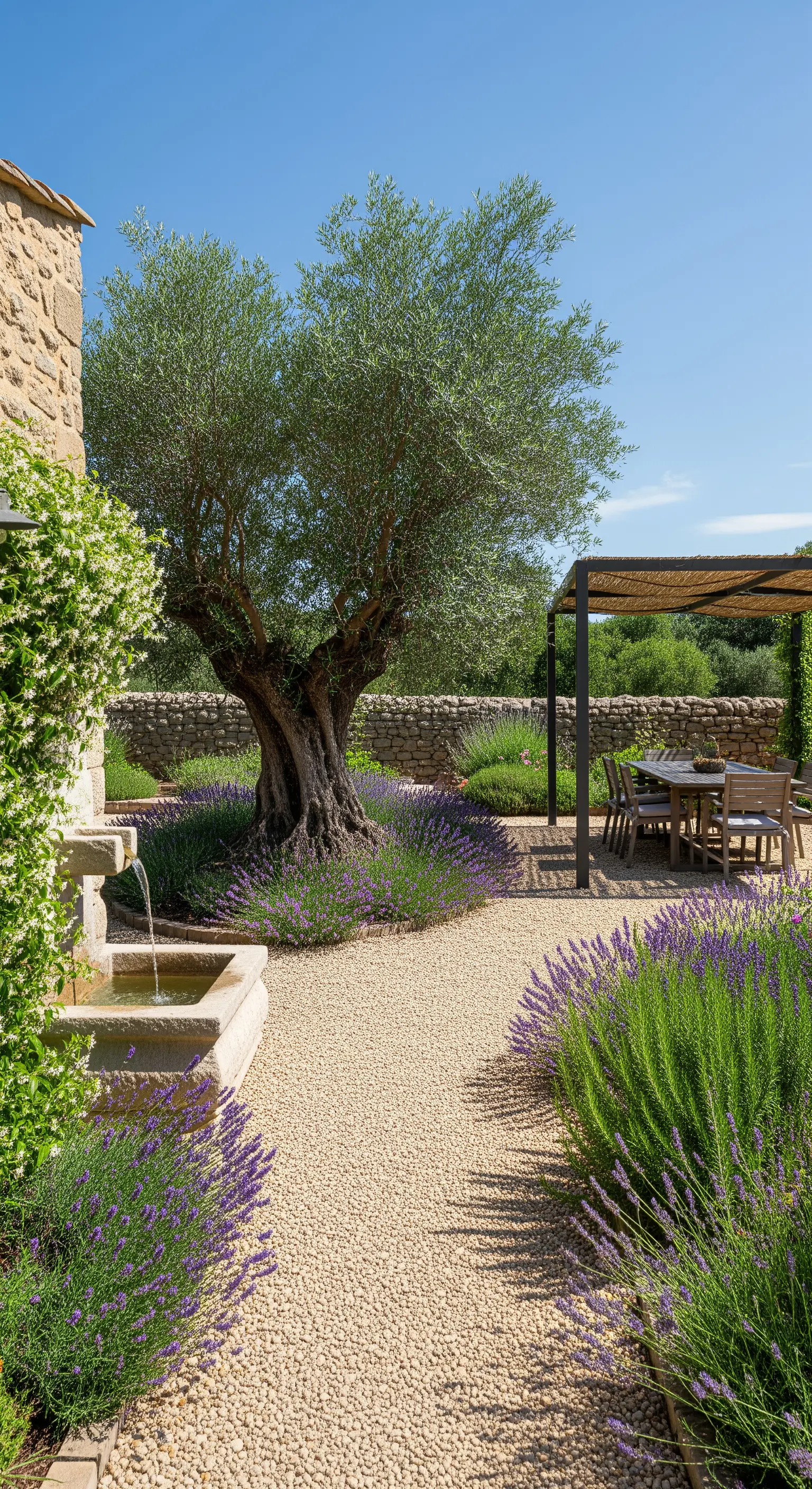 Sentiero di ghiaia bordato di lavanda che conduce a una pergola in un giardino mediterraneo.