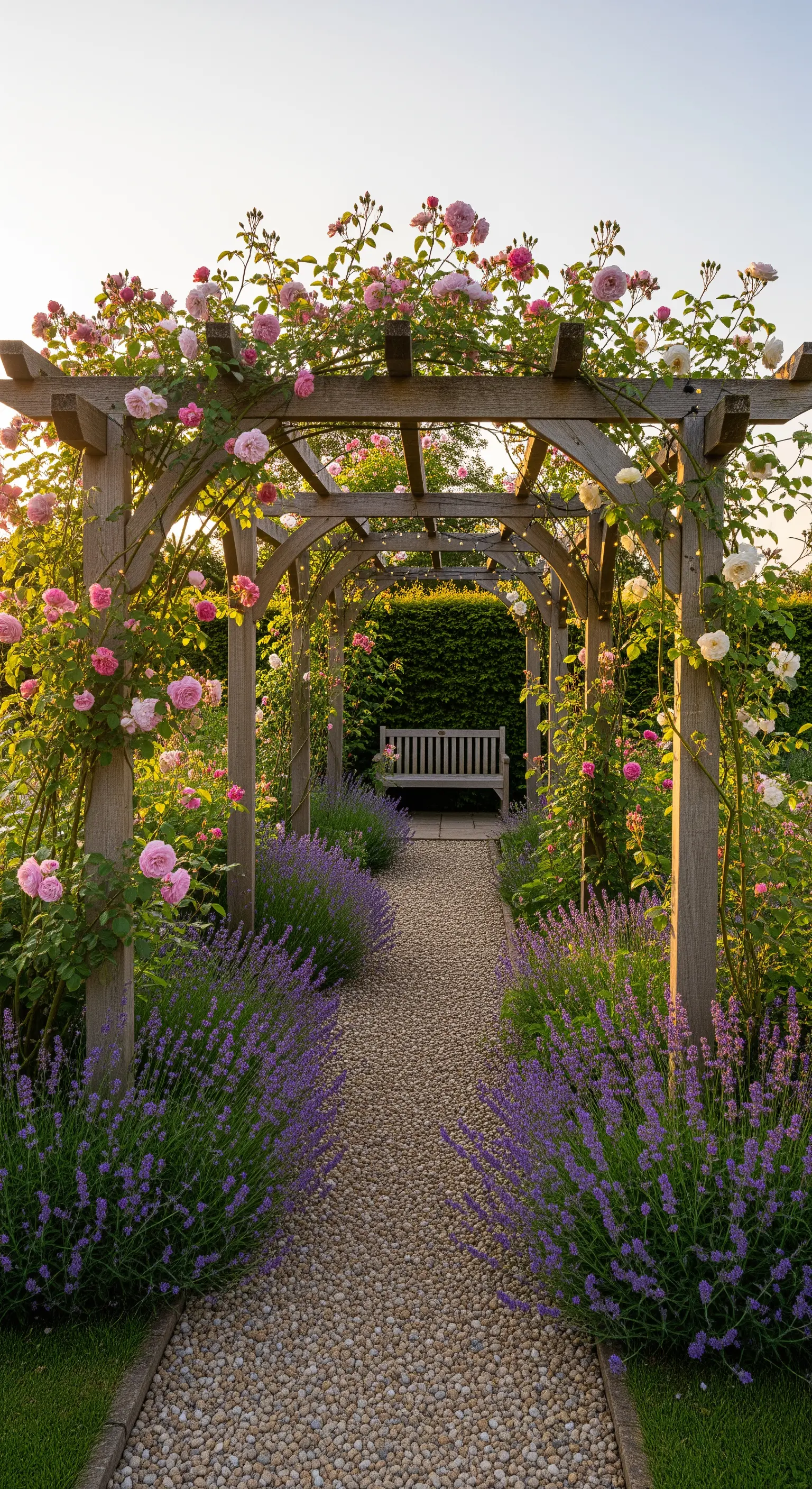 Sentiero di ghiaia sotto un pergolato in legno ricoperto di rose rosa e bianche, con lavanda ai lati.
