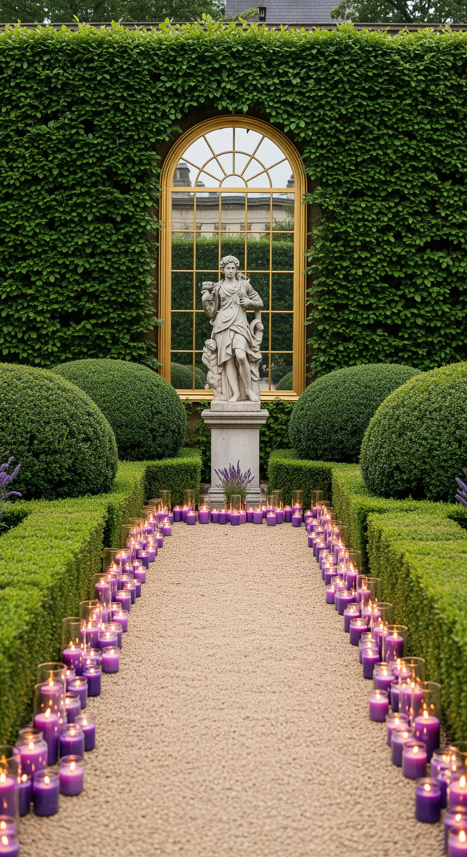 Vialetto di un giardino formale fiancheggiato da candele viola, con una statua e uno specchio ad arco.