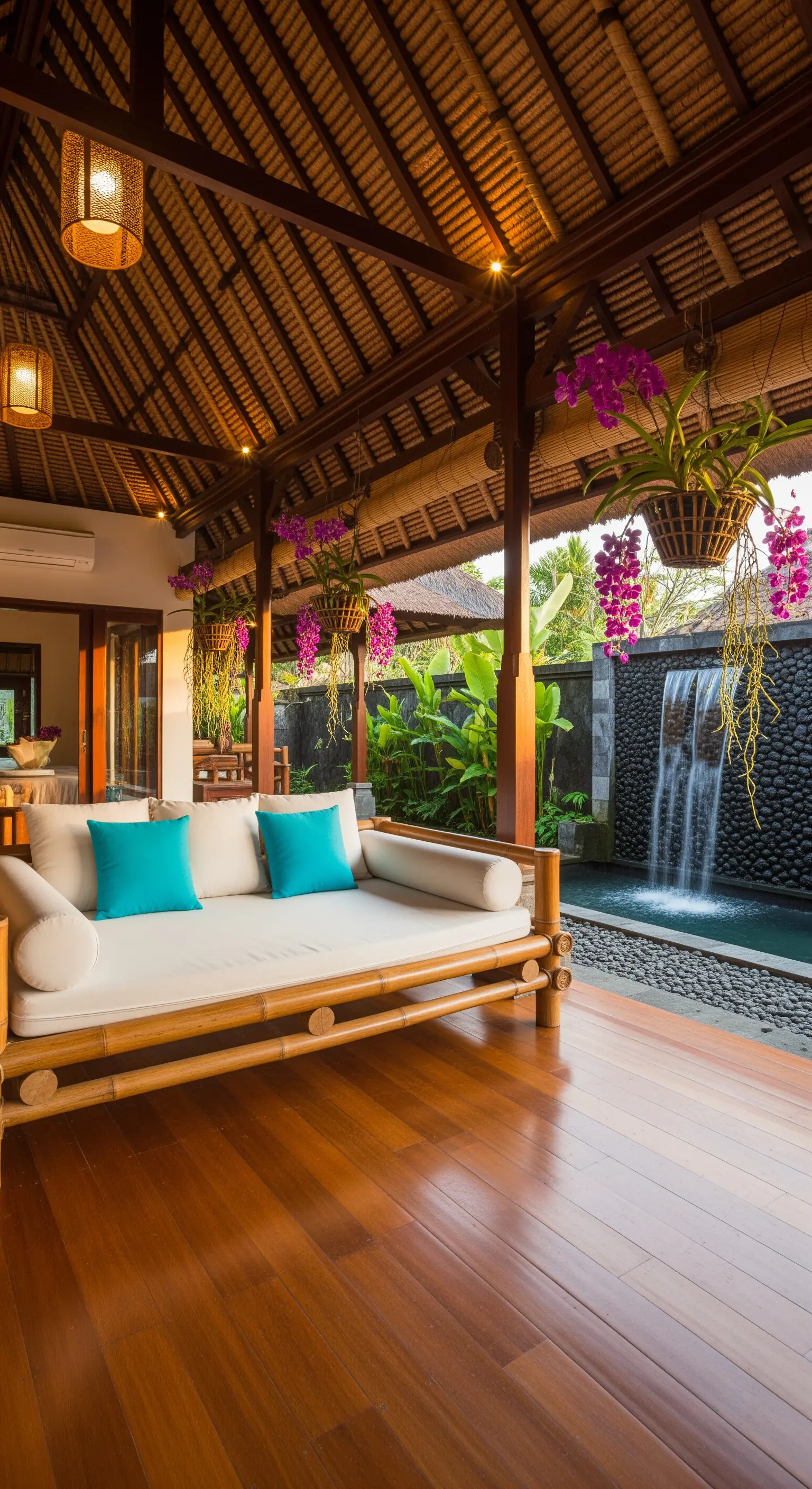 Portico tropicale con daybed in bambù, orchidee pendenti e cascata su una parete di roccia scura.