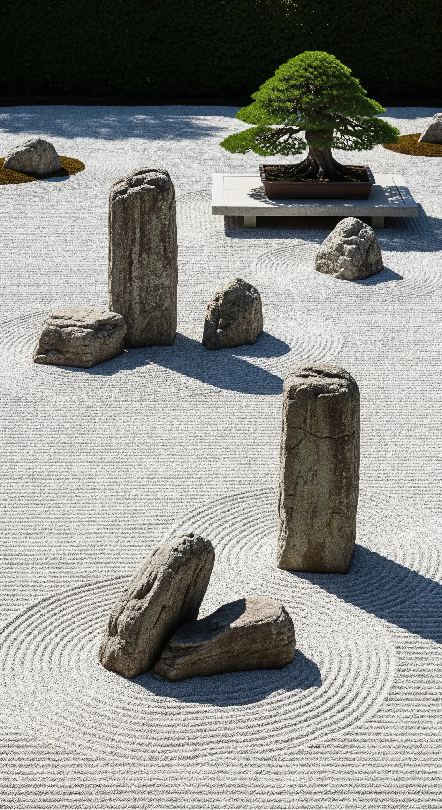 Giardino zen con sabbia rastrellata e rocce verticali che proiettano lunghe ombre