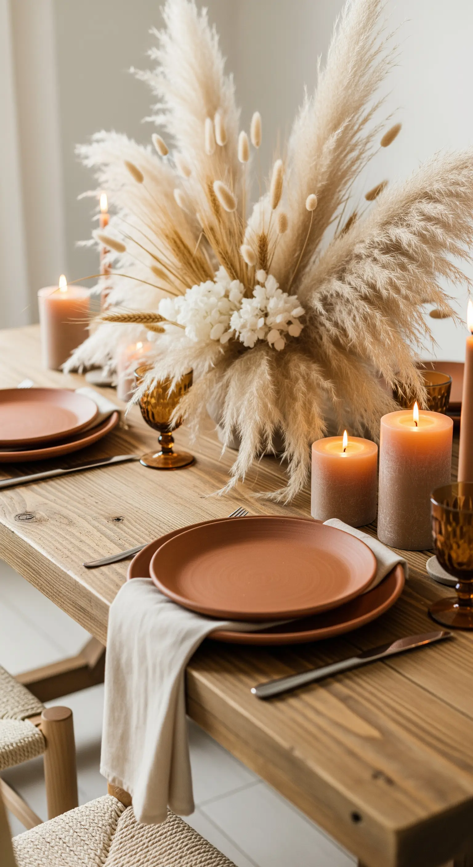 Centrotavola imponente con erba della pampas su una tavola con piatti in terracotta.