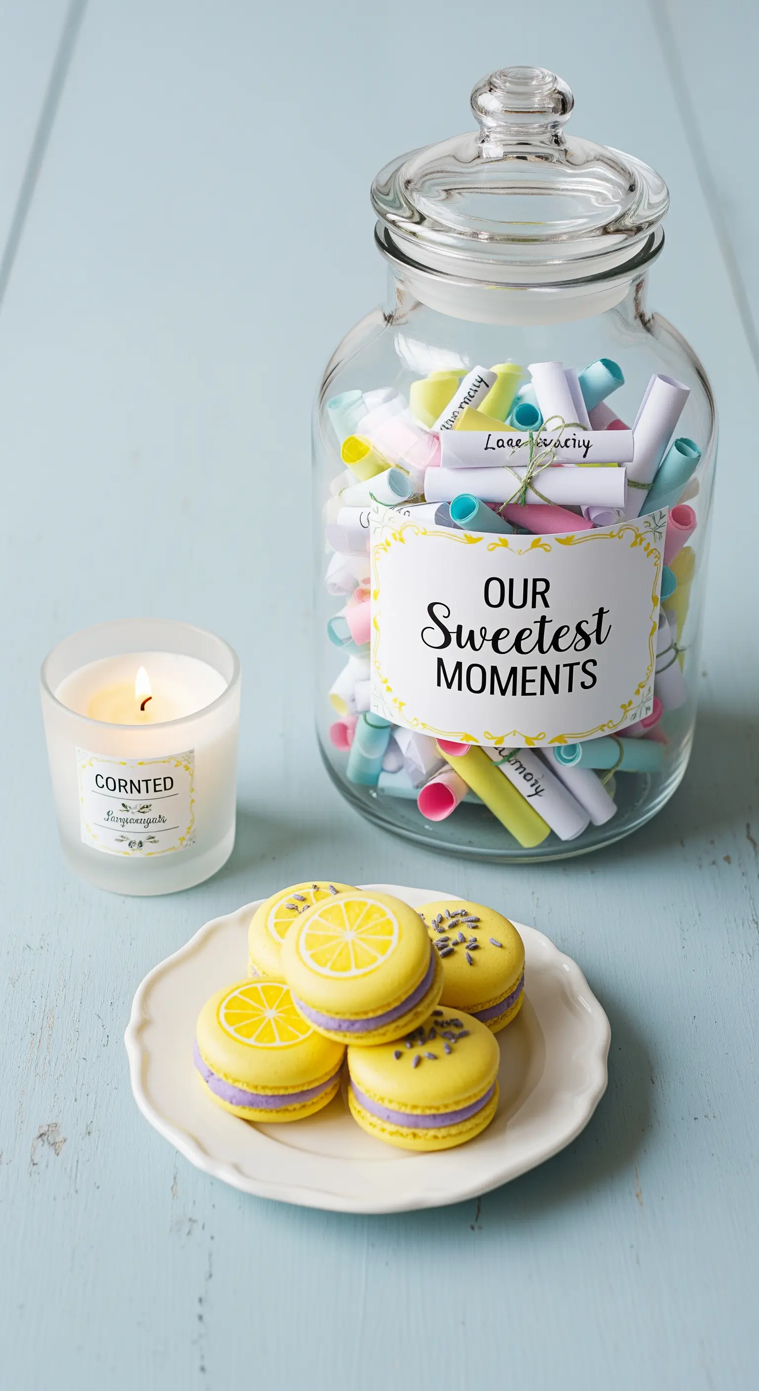 Vaso di vetro con messaggi arrotolati, macaron gialli e una candela profumata accesa.