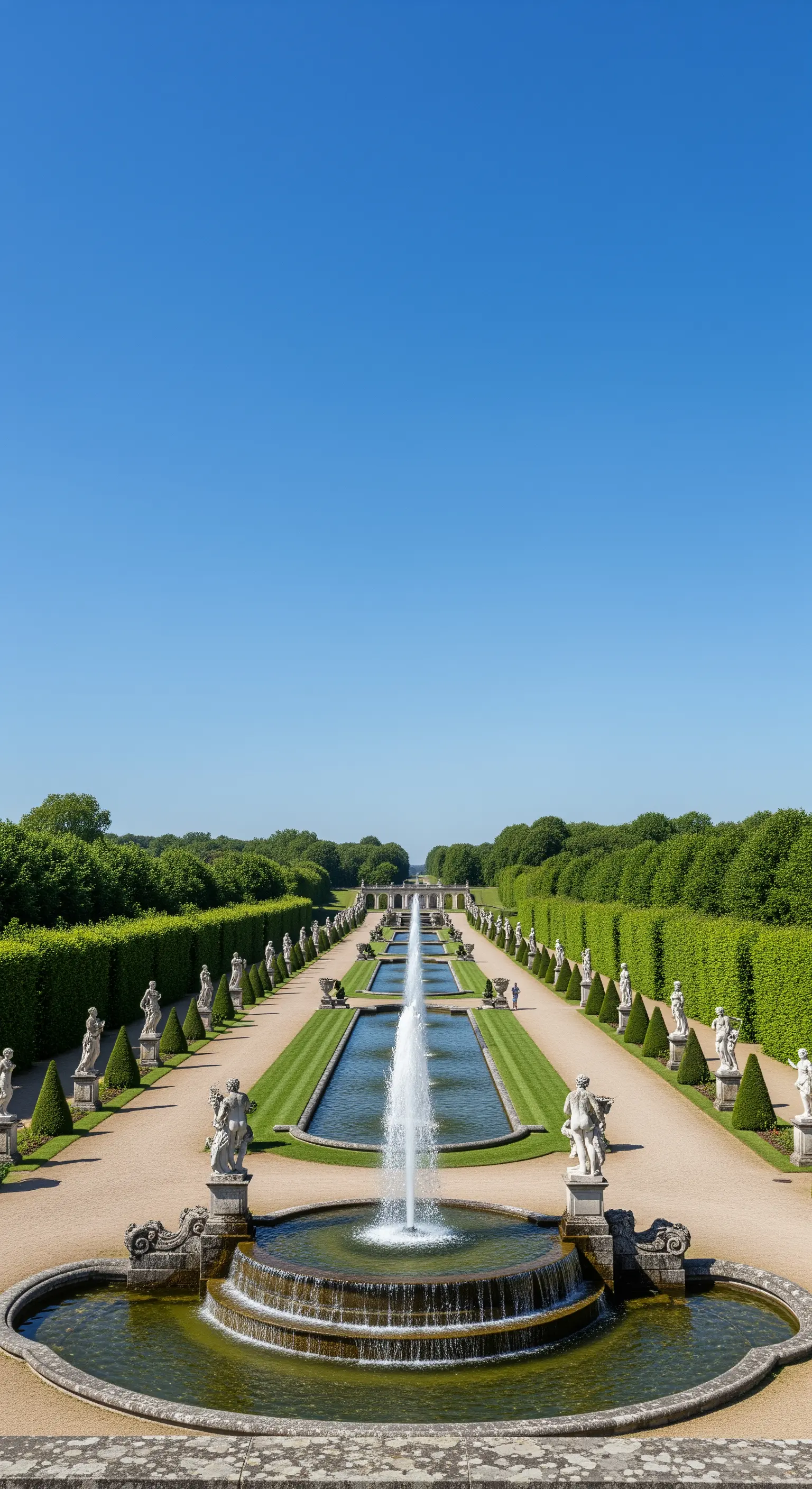 Lungo canale d'acqua fiancheggiato da statue classiche in un grande giardino formale.