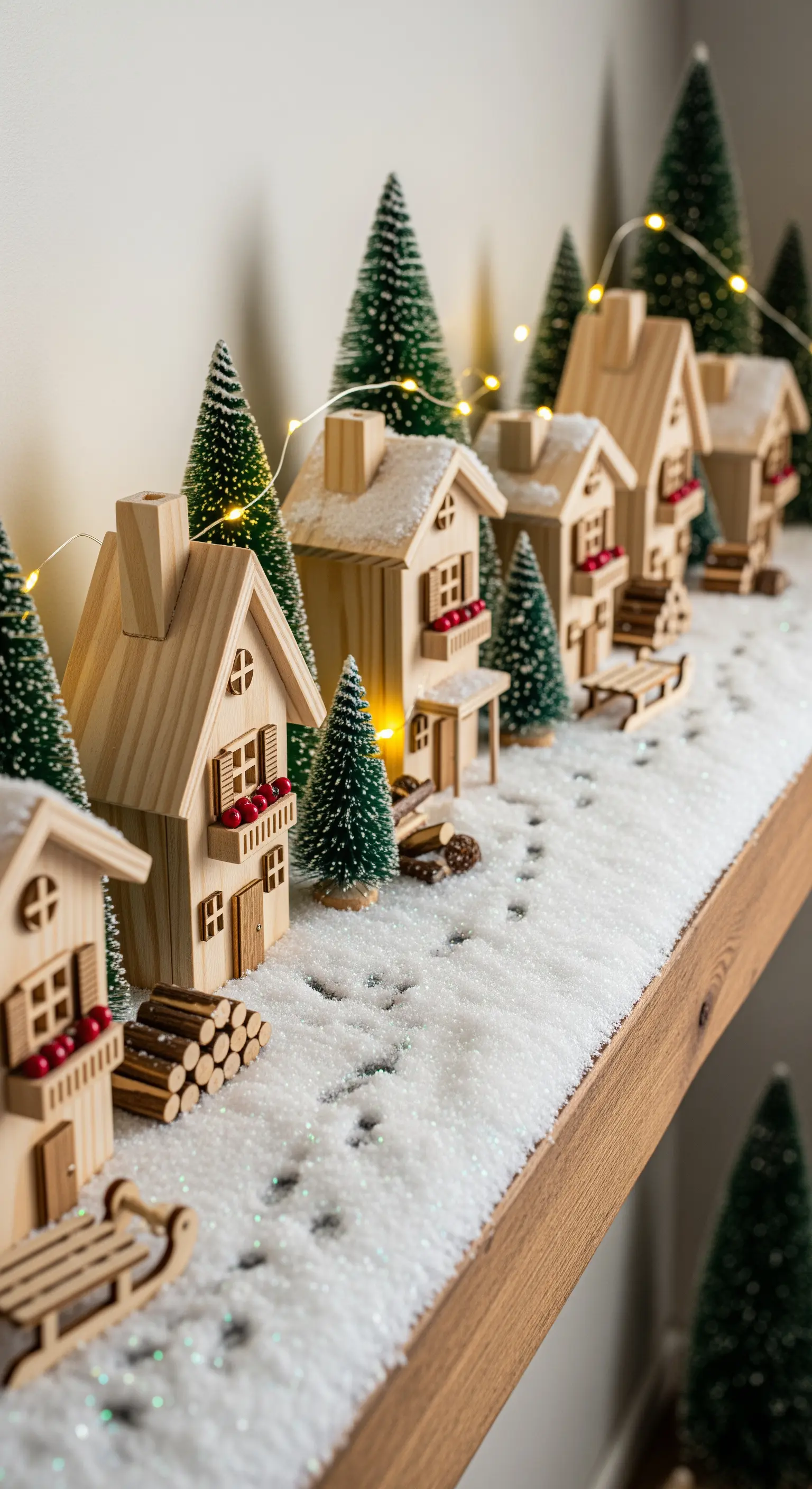 Villaggio natalizio su mensola in legno con casette, neve finta e lucine calde.