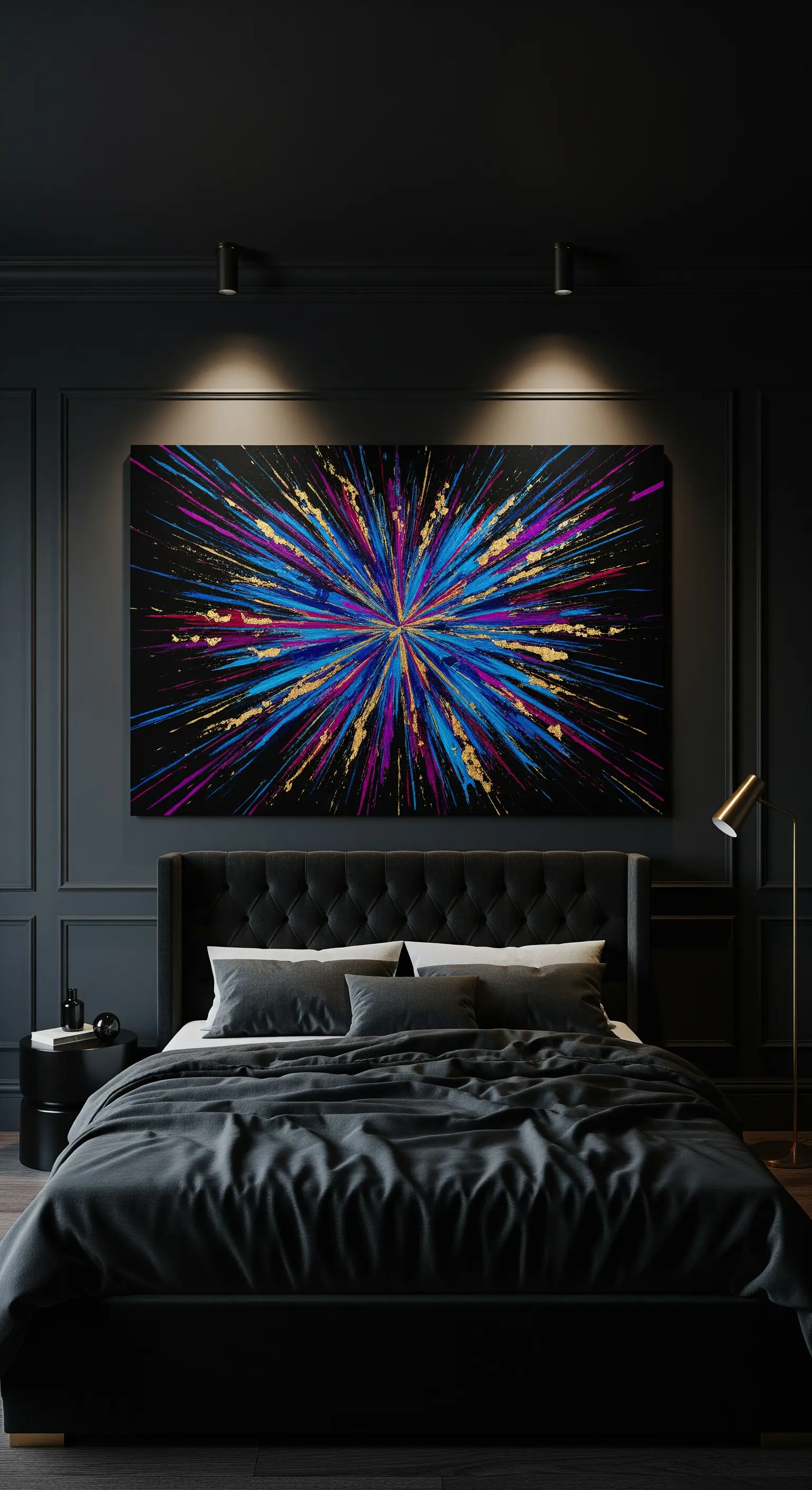 Quadro astratto colorato a tema 'esplosione' su una parete nera con boiserie, illuminato da faretti.