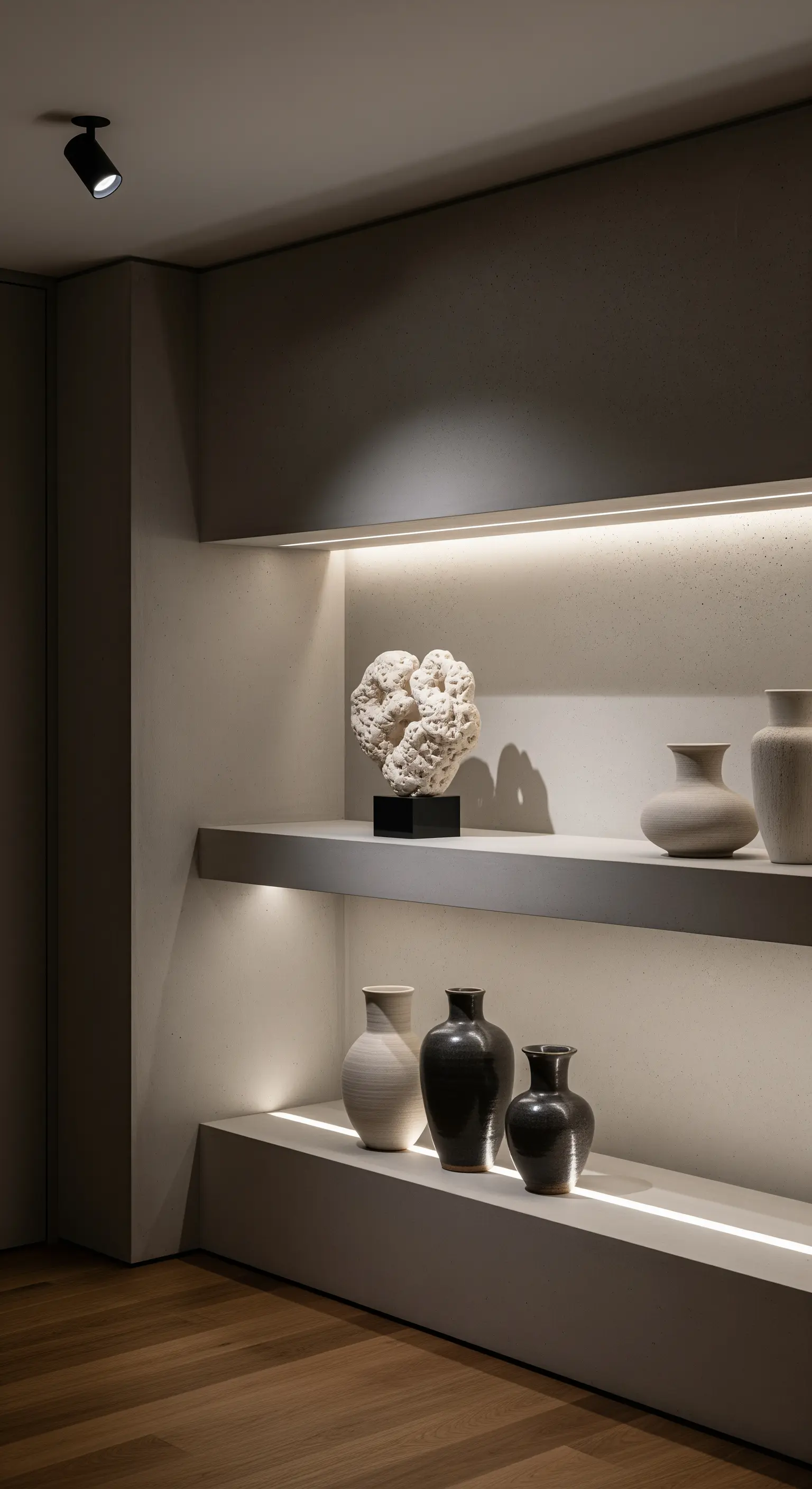 Nicchia in cartongesso con mensole e vasi, illuminata da strisce LED.