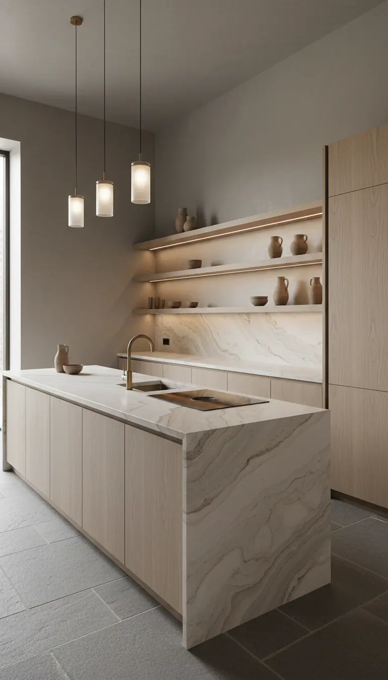 Cucina minimalista in legno chiaro con mensole aperte e retroilluminate che espongono ceramiche.