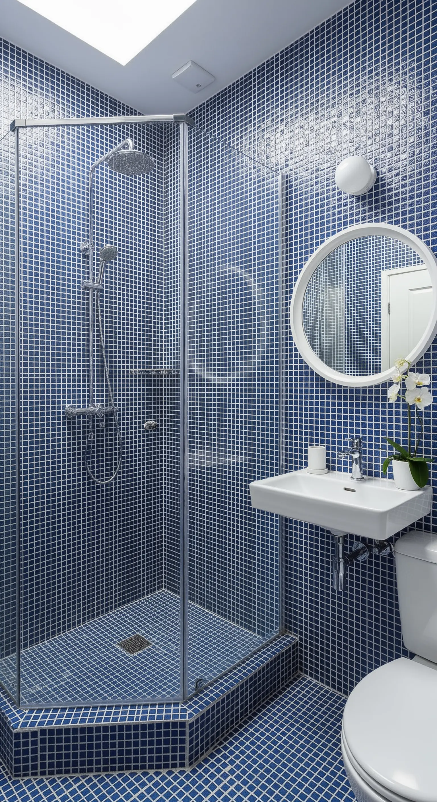 Bagno piccolo interamente rivestito in mosaico di piastrelle blu con sanitari bianchi.