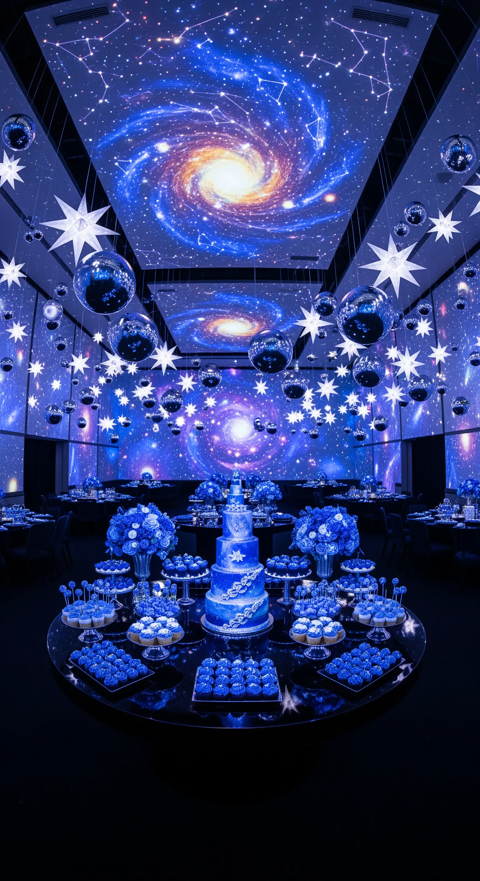 Sala per feste con proiezioni di galassie, sfere a specchio e un buffet di dolci blu.