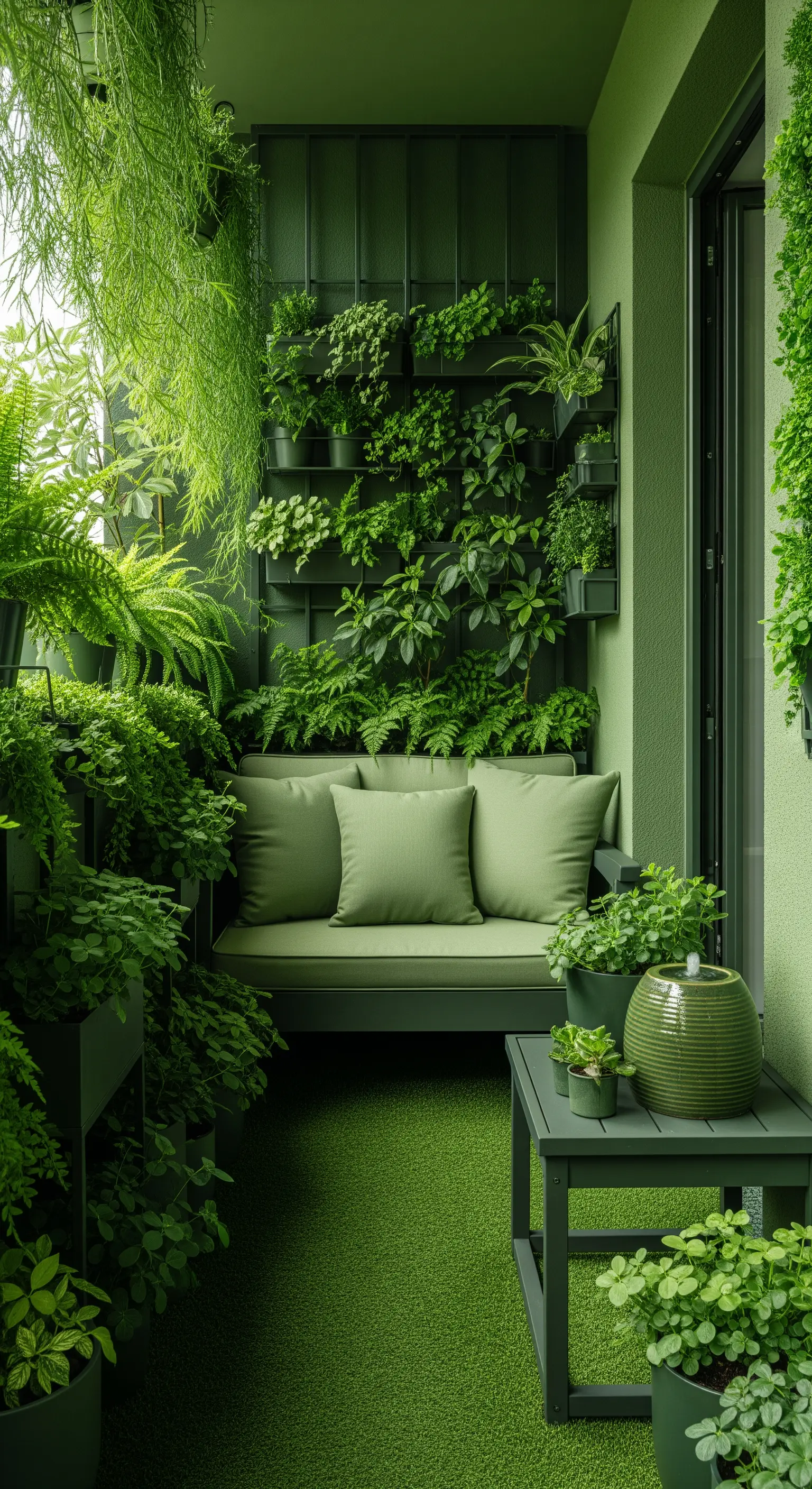 Balcone interamente verde: pareti, arredi, piante e fontana sono in tonalità di verde.