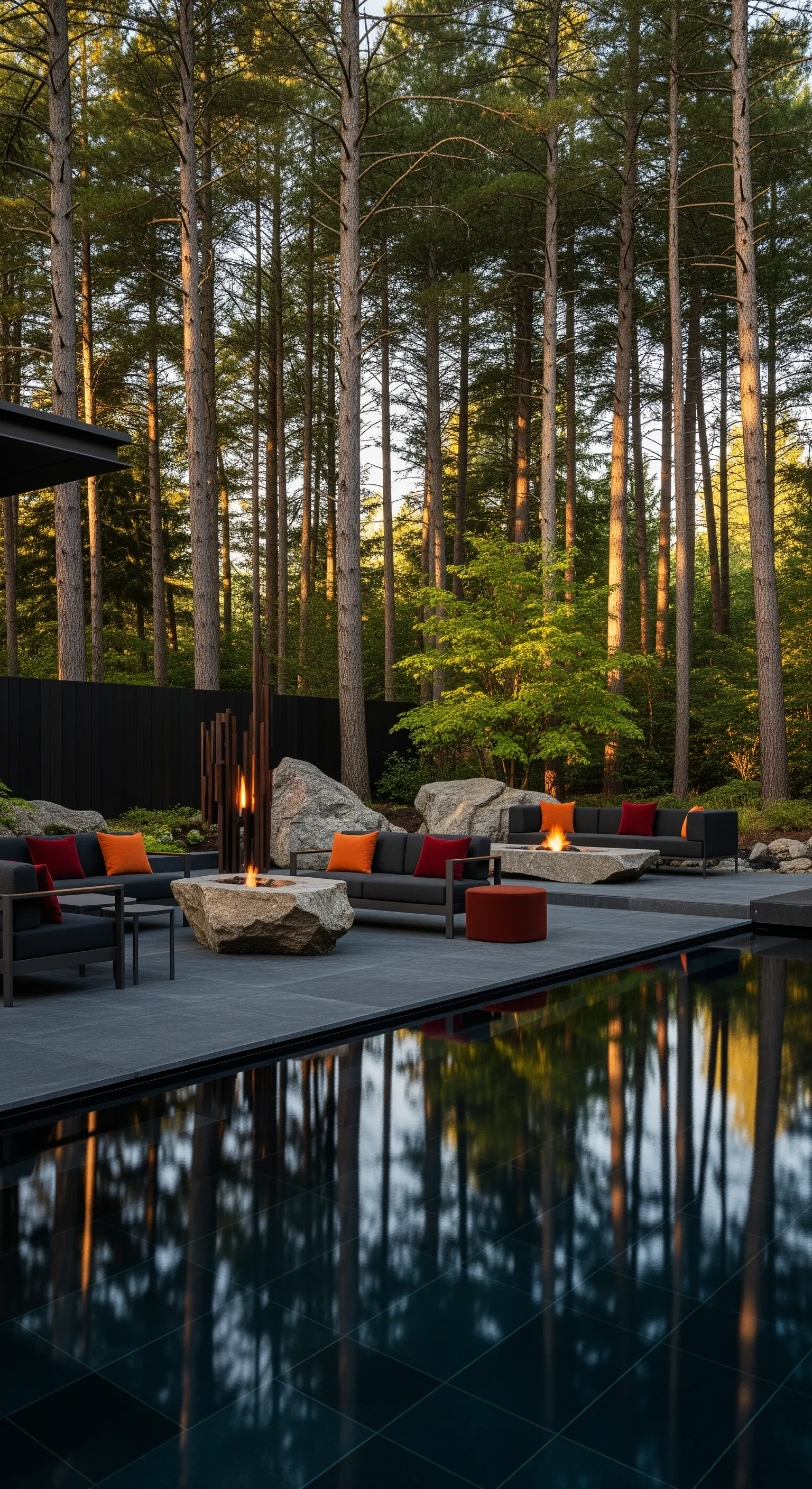 Area lounge con arredi scuri e cuscini arancioni a bordo di una piscina scura in un bosco