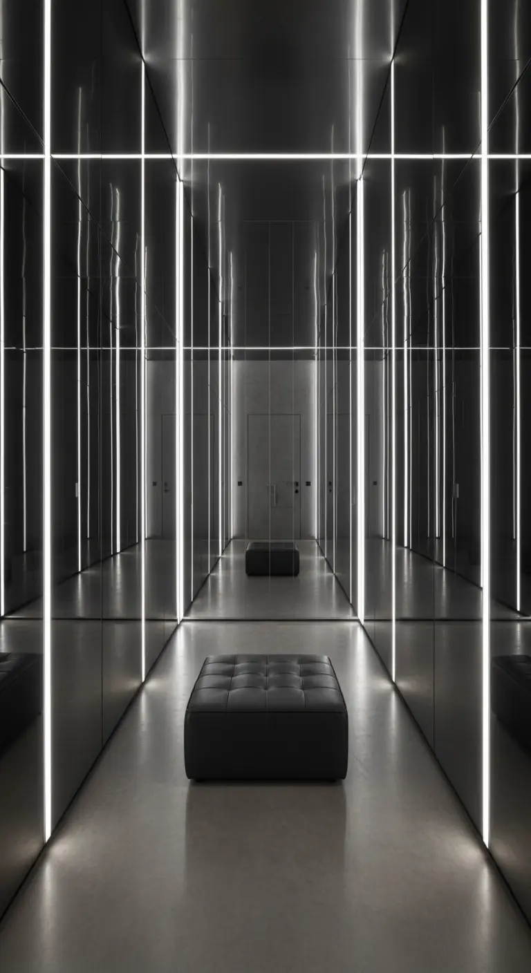 Stanza interamente rivestita di specchi con strisce di luce LED verticali e orizzontali.