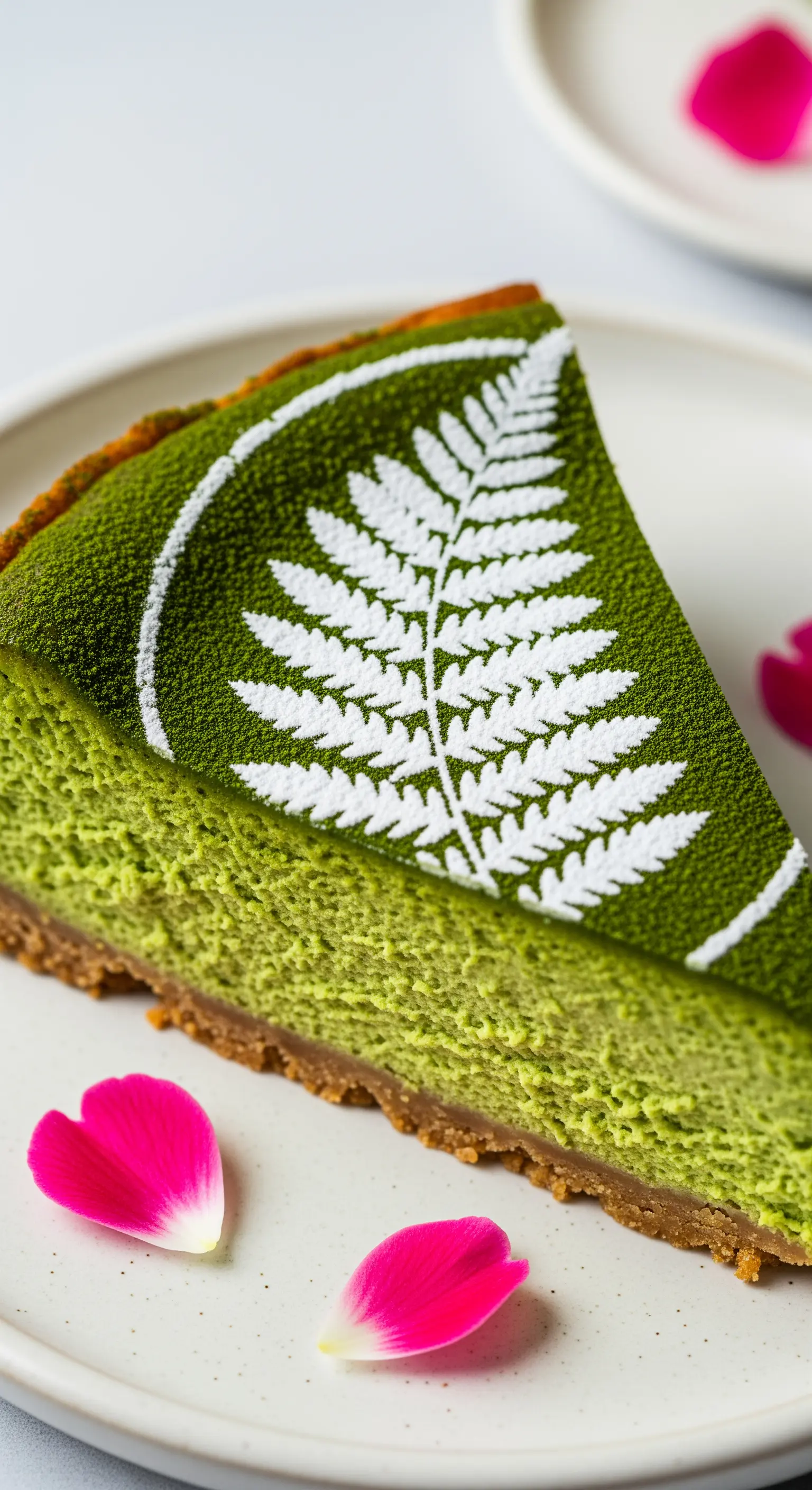 Fetta di cheesecake al matcha con una decorazione a forma di felce in zucchero a velo.