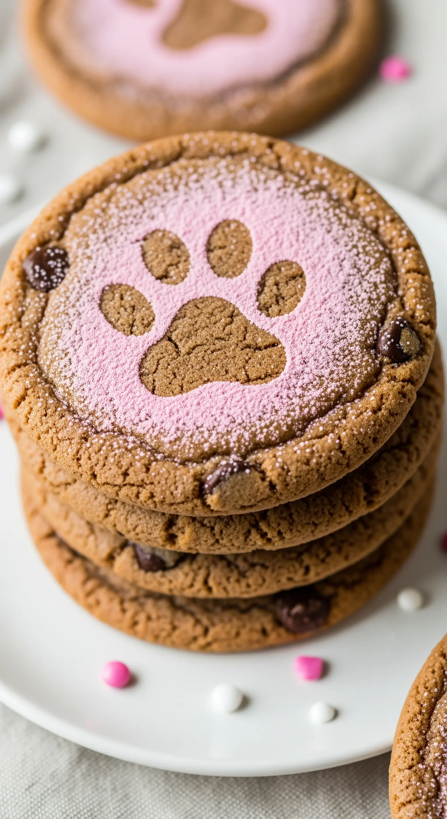 Biscotti con gocce di cioccolato decorati con una zampina rosa realizzata con uno stencil.