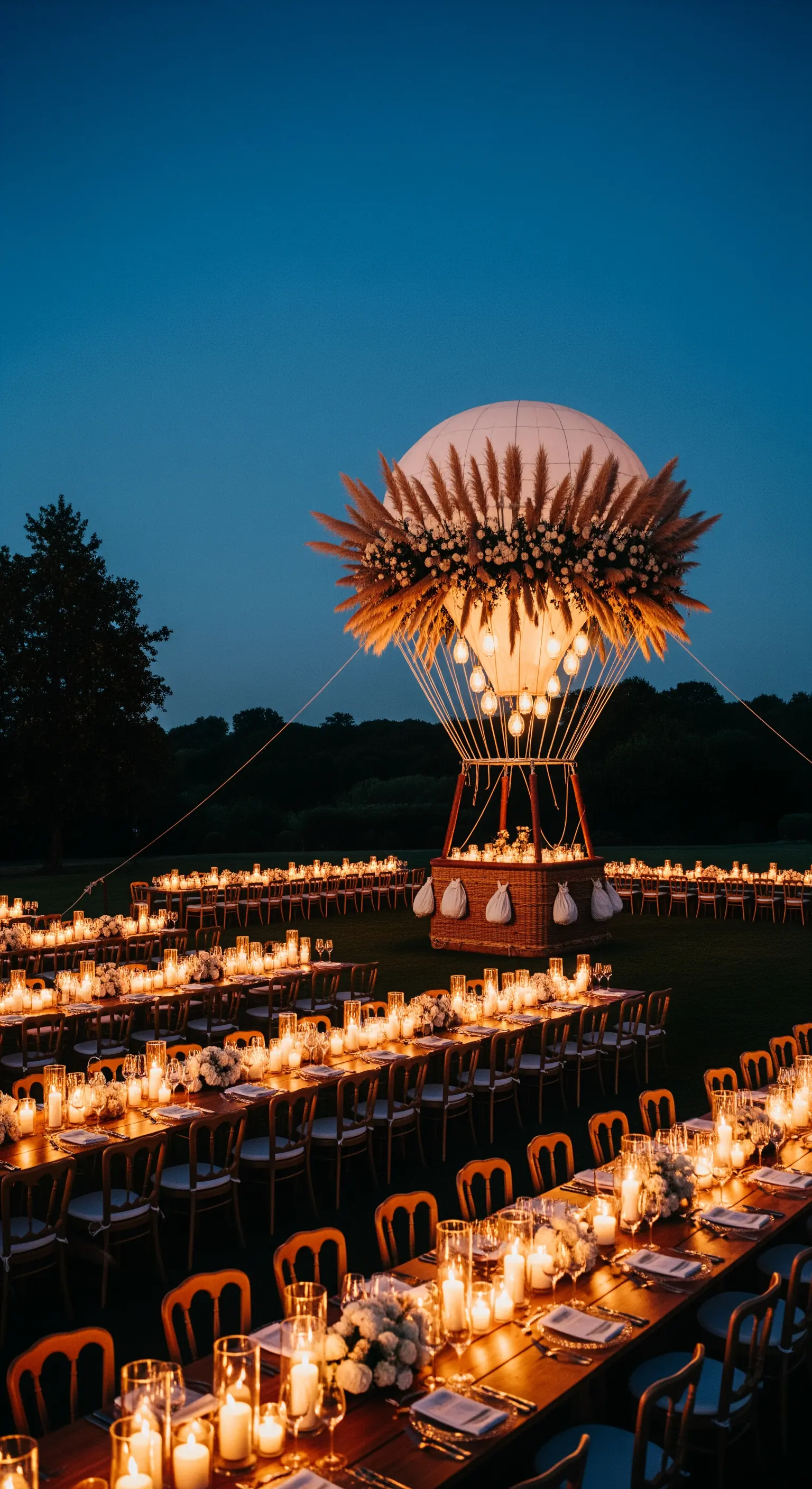 Ricevimento nuziale all'aperto con una grande installazione a forma di mongolfiera illuminata.