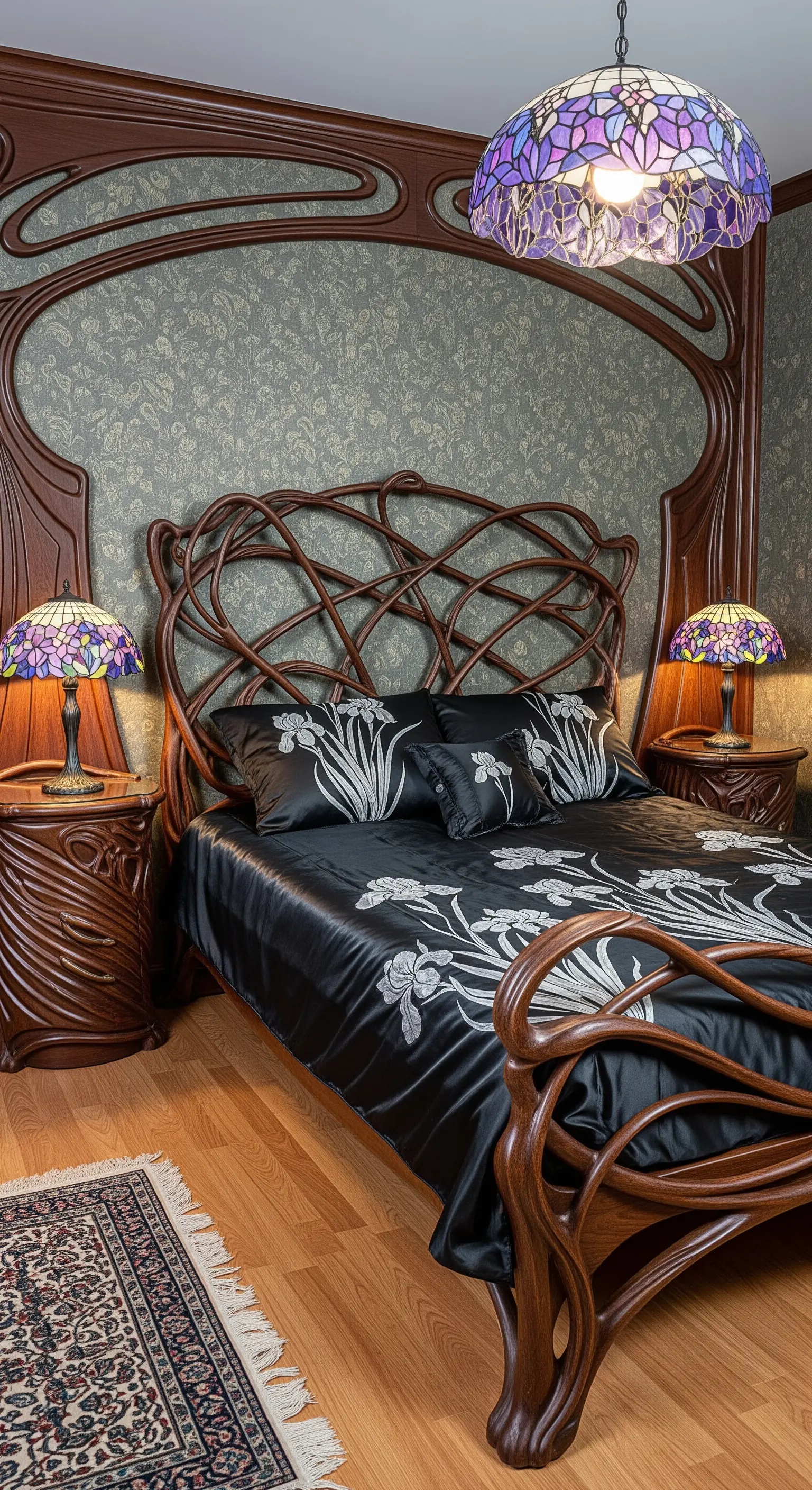 Letto in stile Art Nouveau con testiera in legno intagliato e lampade Tiffany viola.