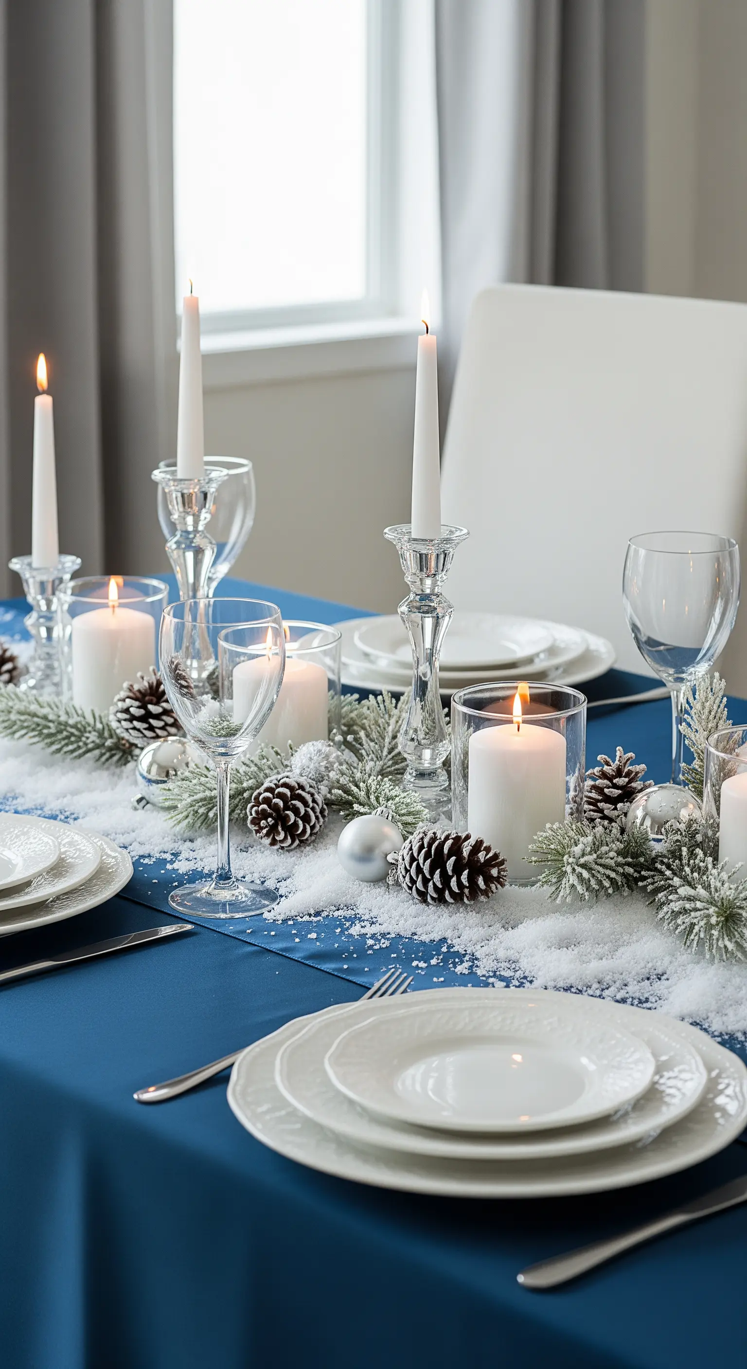 Tavola blu con un centrotavola di neve finta, pigne e candele bianche.