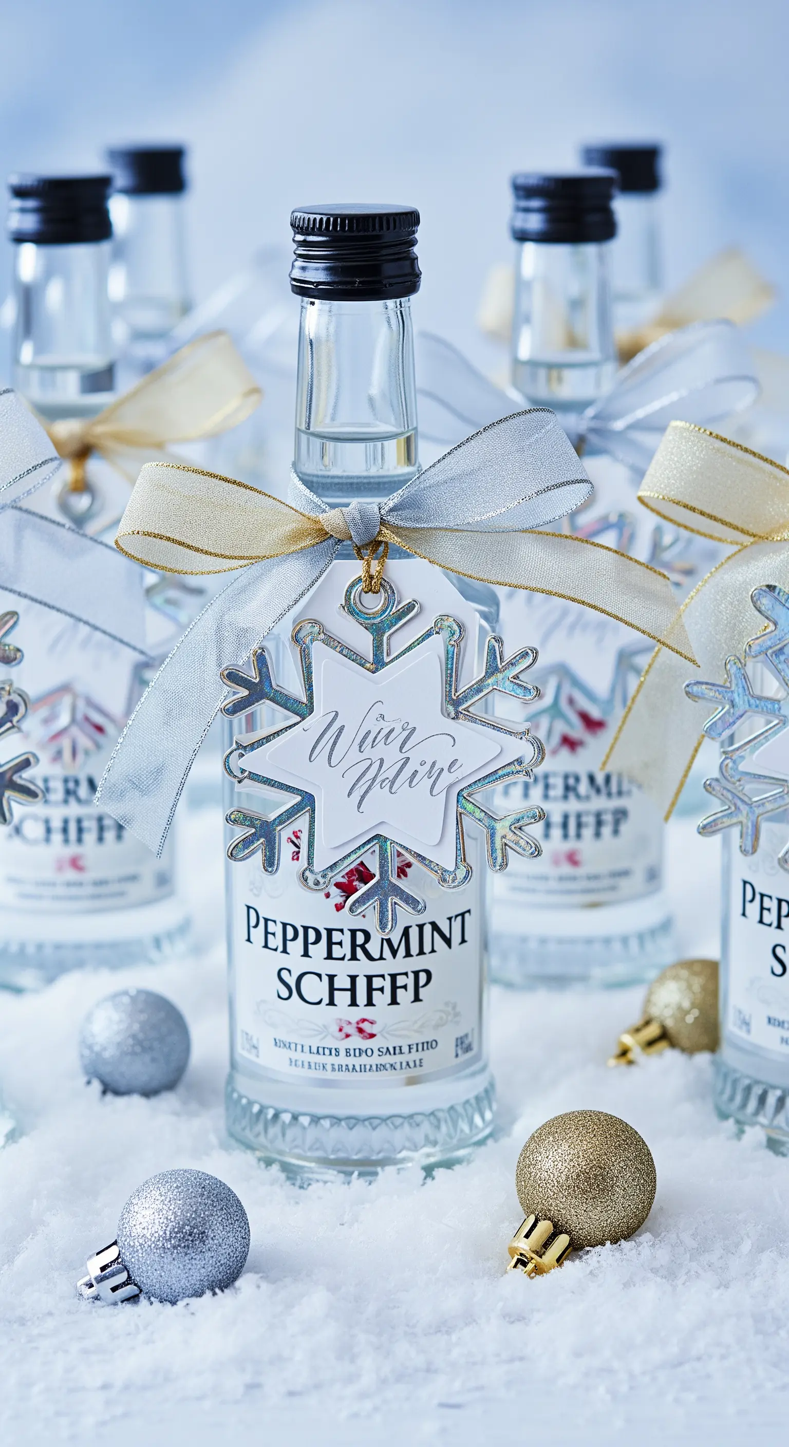 Bottigliette di liquore trasparente con etichette a forma di fiocco di neve e nastri argento.