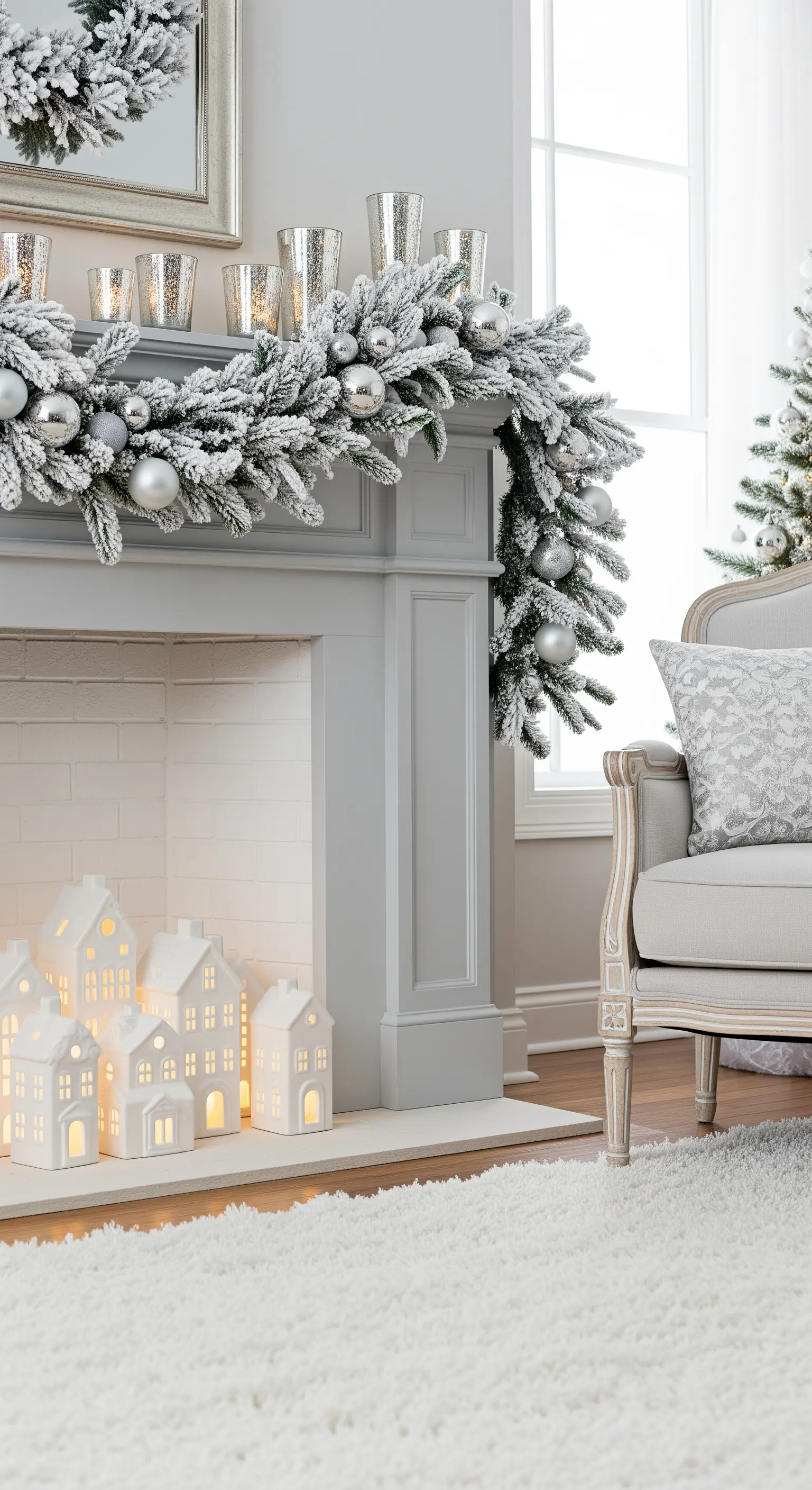 Camino grigio con ghirlanda innevata, decorazioni argento e casette in ceramica illuminate.