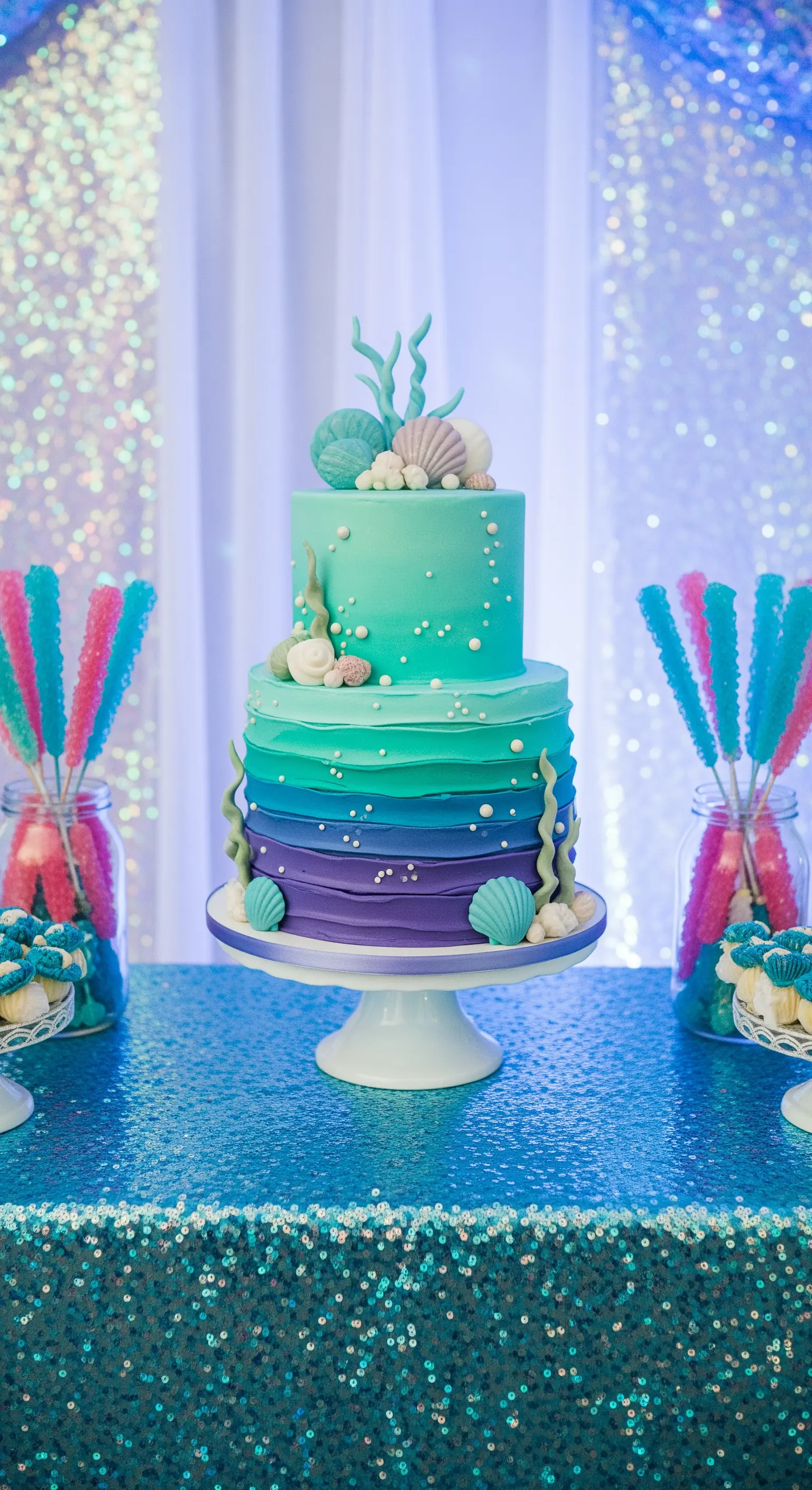 Tavolo con tovaglia di paillettes, torta a tema sirena e dolcetti colorati.