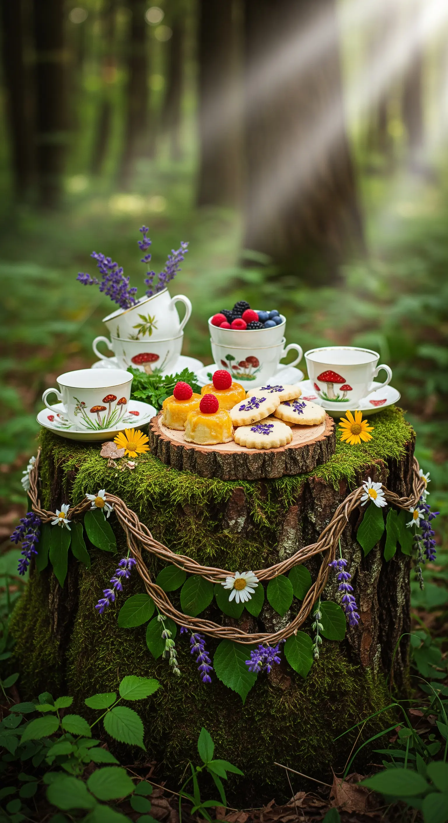 Tavola da tè allestita su un ceppo nel bosco con tazze vintage e fiori di campo