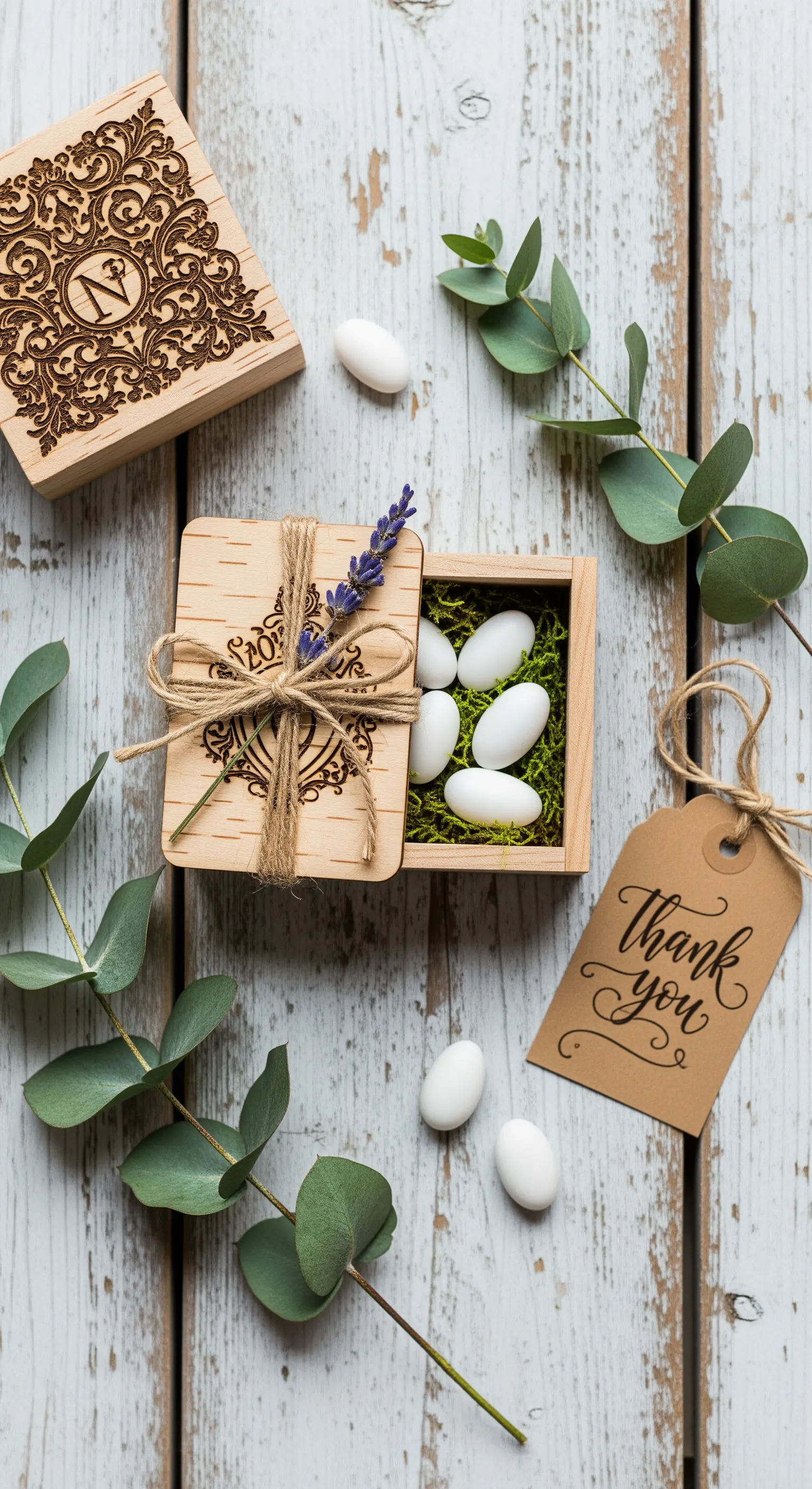 Scatoline in legno con incisioni personalizzate per bomboniere rustiche e confetti bianchi.