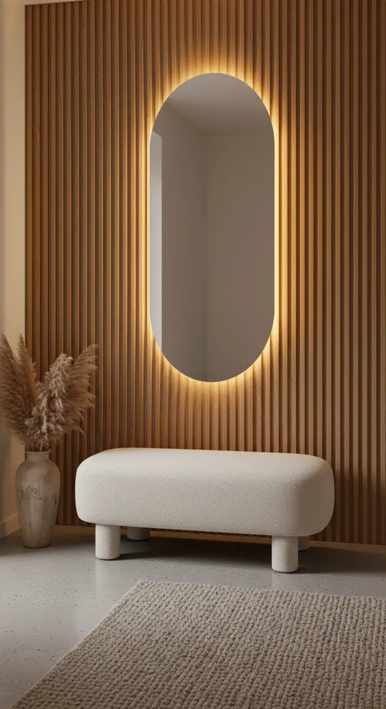 Specchio ovale retroilluminato su parete a listelli di legno con panca in tessuto bouclé.