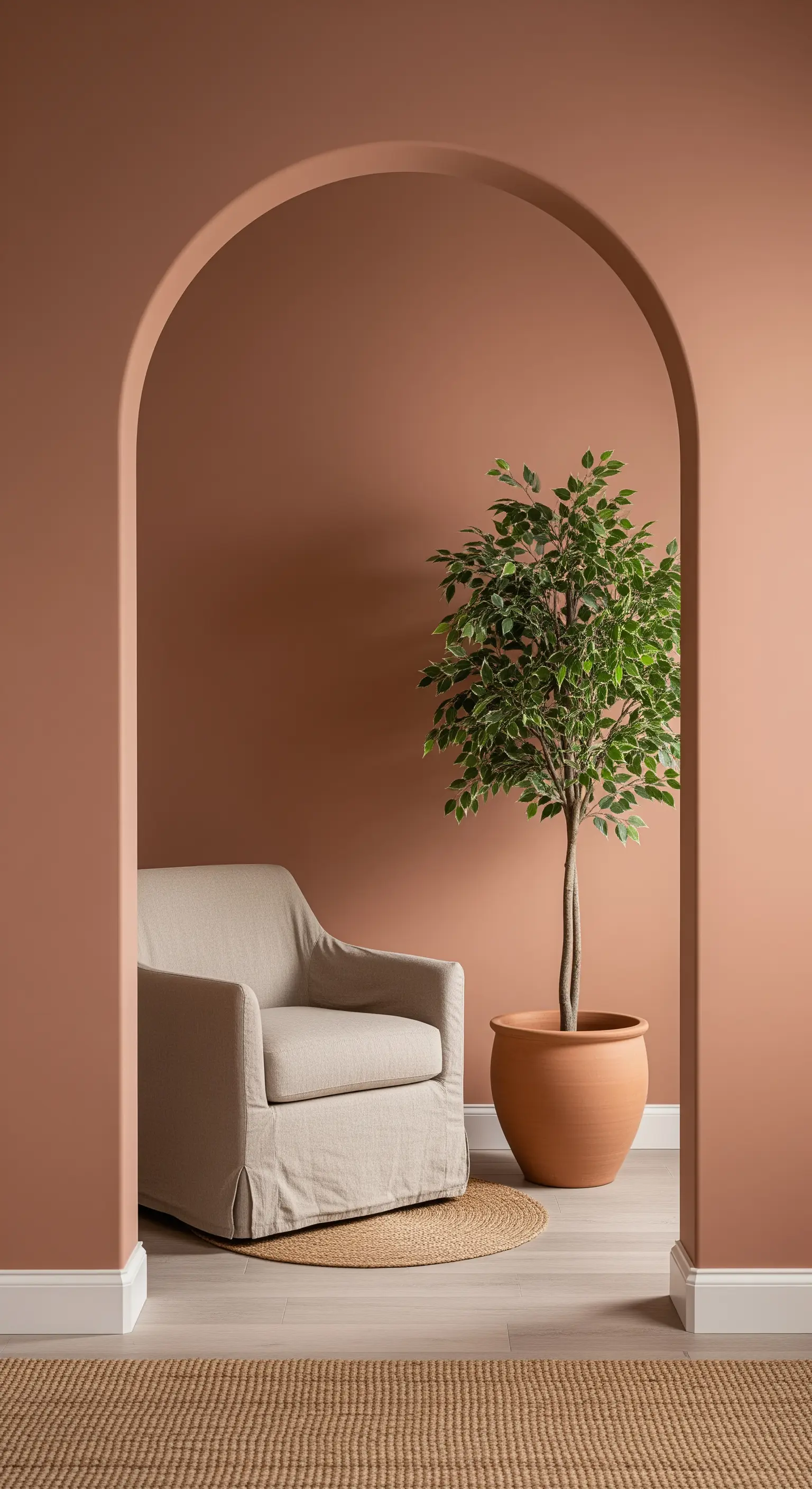 Un arco dipinto color terracotta incornicia una poltrona e una pianta in vaso.