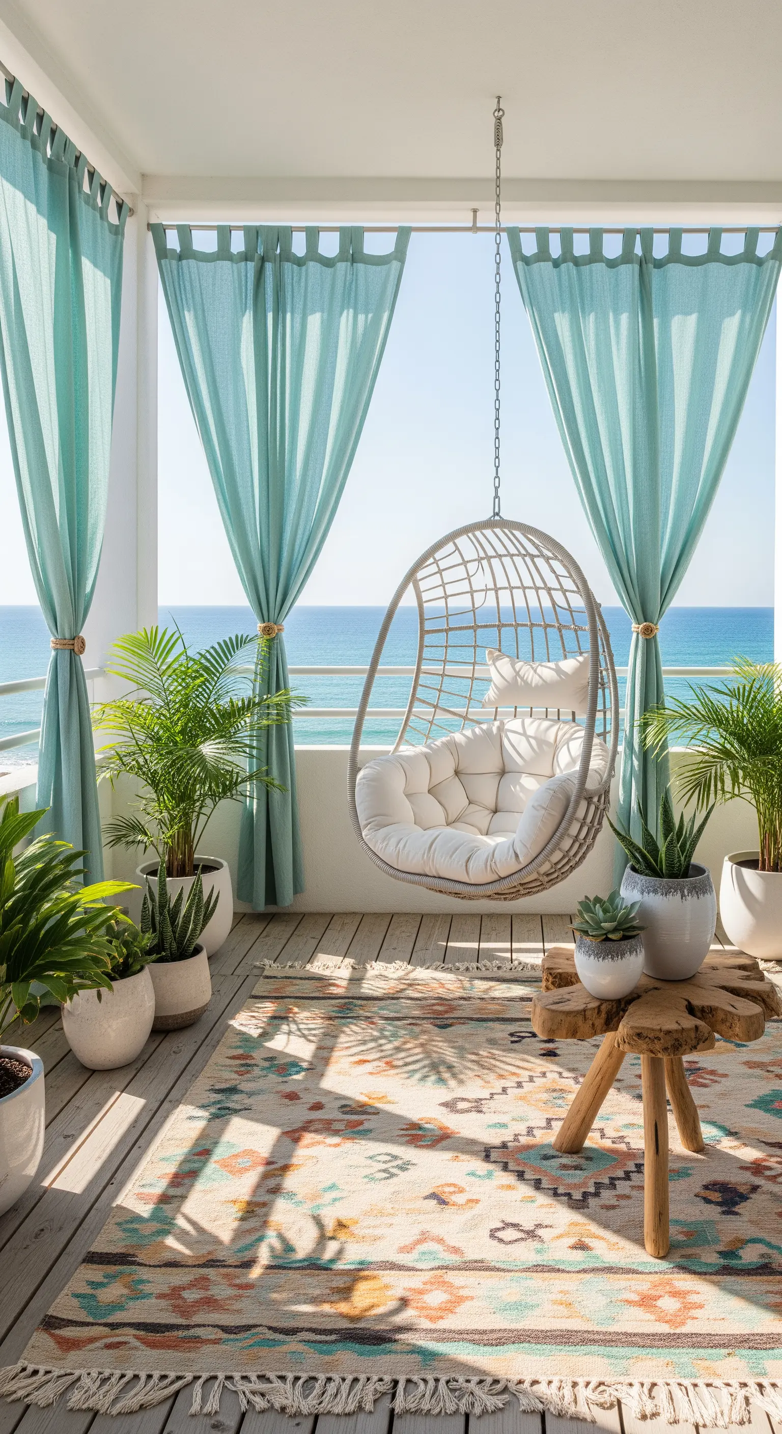 Balcone vista mare con poltrona sospesa, tende color acquamarina e tappeto kilim a terra