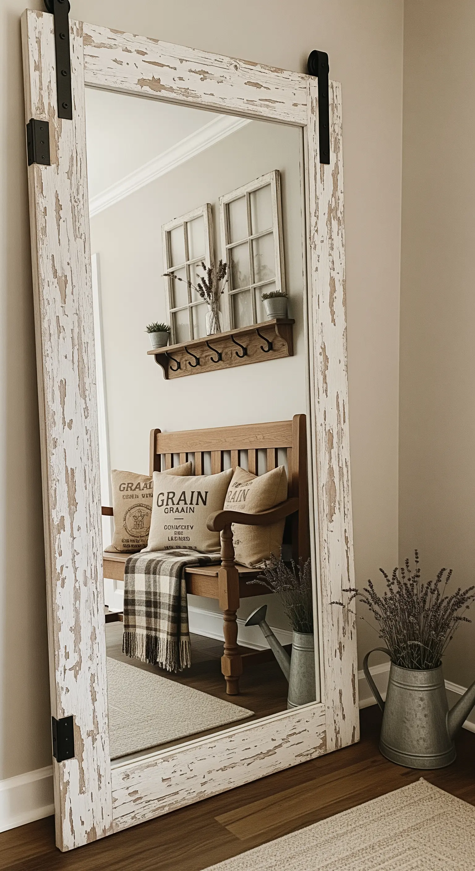 Specchio a figura intera con cornice in legno bianco dall'effetto scrostato, in stile rustico.