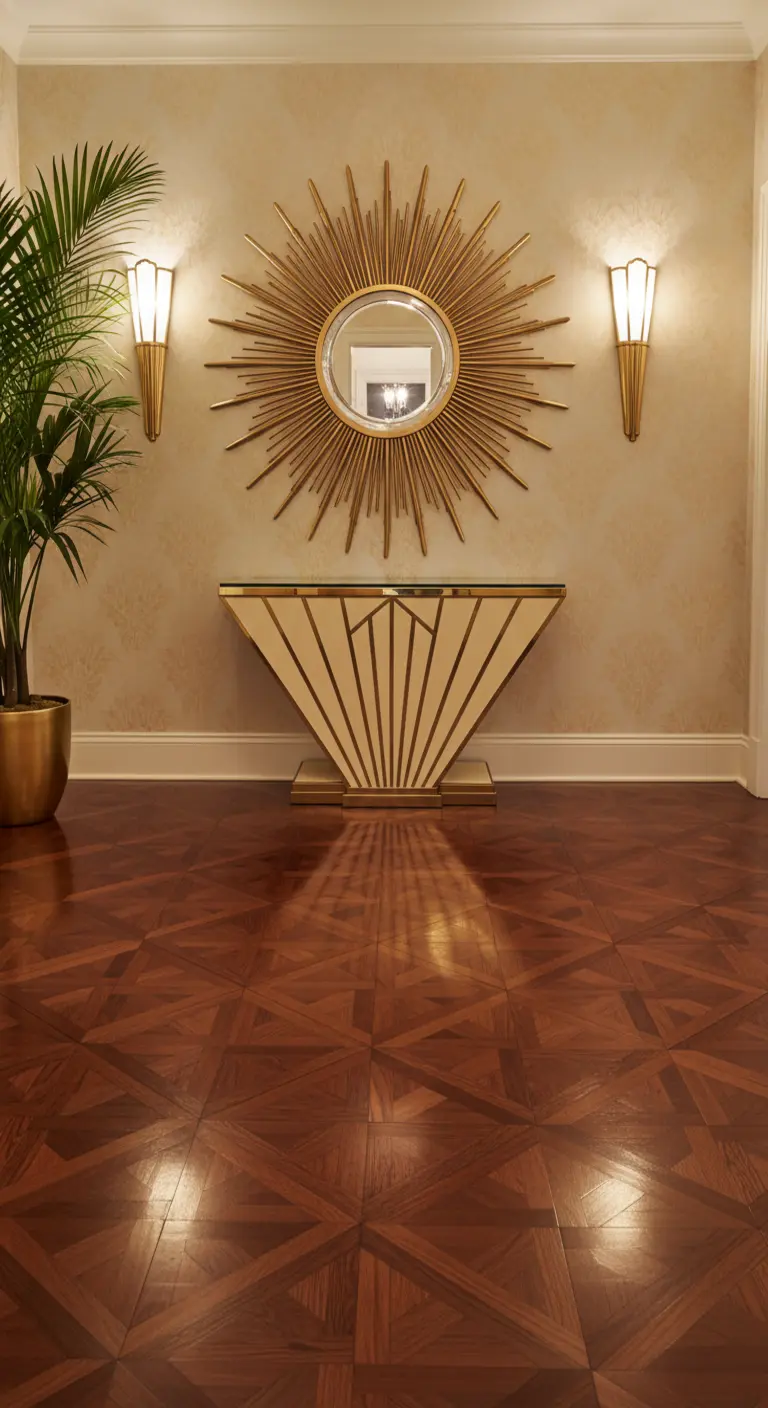 Ingresso in stile Art Déco con specchio a raggiera dorato, consolle geometrica e applique coordinate.