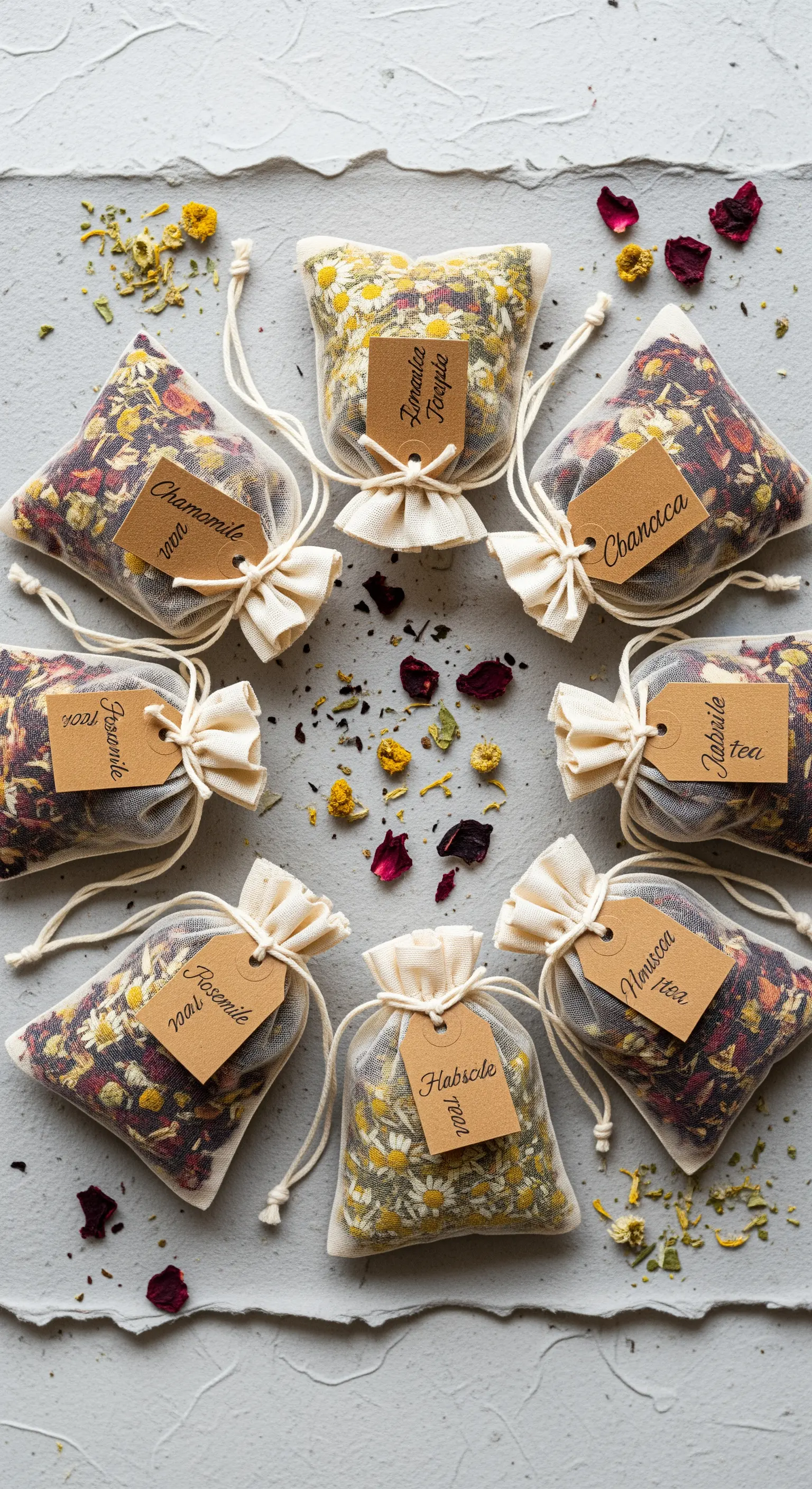 Sacchetti di cotone con miscele di erbe e fiori per infusi, con etichette scritte a mano.
